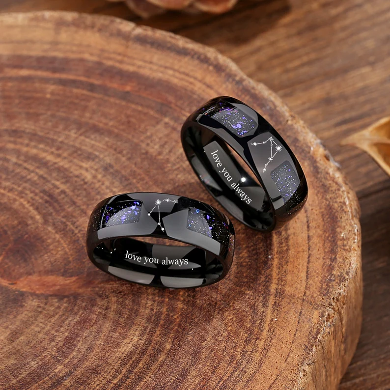 Galaxy Couple Ring Set, Constellation Rings, Orion Nebula Wedding Matching Promise Rings for Women, 2pc Black Gold Filled Engagement Ring.