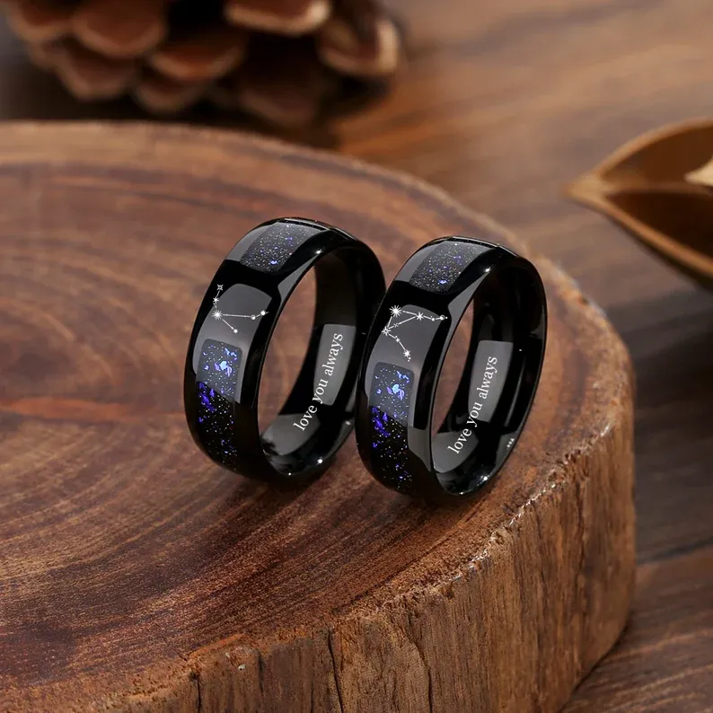 Galaxy Couple Ring Set, Constellation Rings, Orion Nebula Wedding Matching Promise Rings for Women, 2pc Black Gold Filled Engagement Ring.