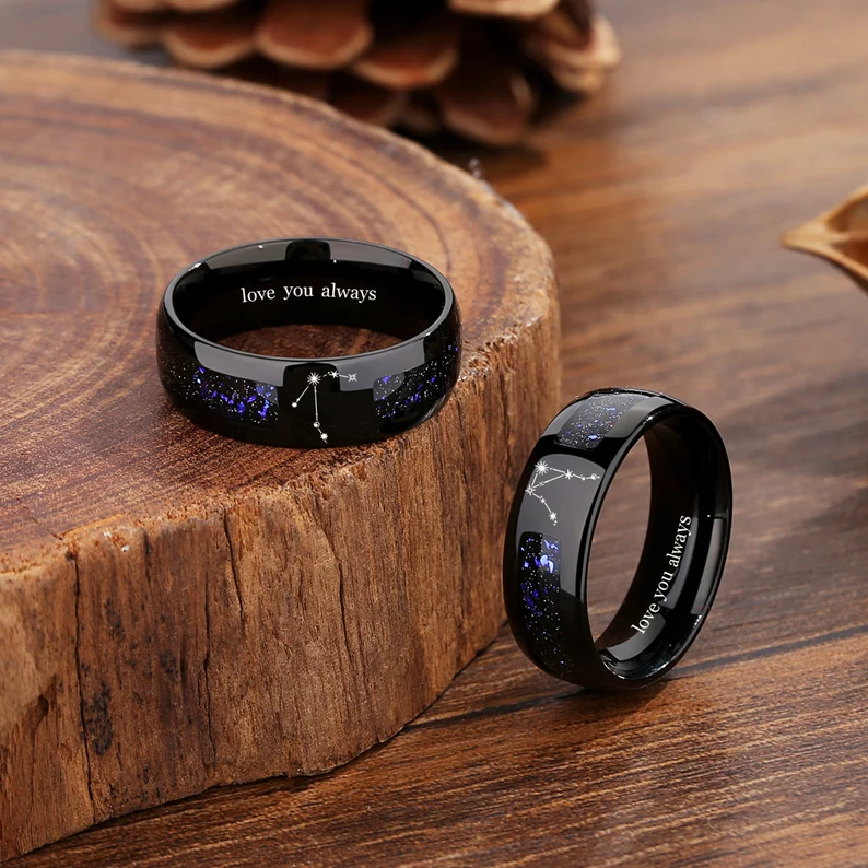 Galaxy Couple Ring Set, Constellation Rings, Orion Nebula Wedding Matching Promise Rings for Women, 2pc Black Gold Filled Engagement Ring.