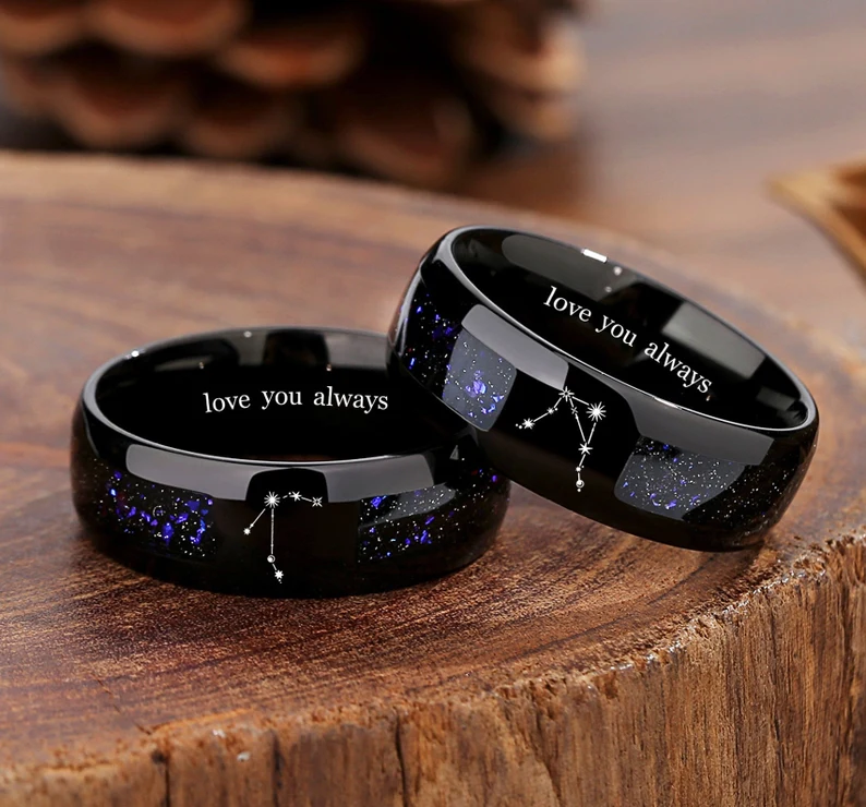 Galaxy Couple Ring Set, Constellation Rings, Orion Nebula Wedding Matching Promise Rings for Women, 2pc Black Gold Filled Engagement Ring.