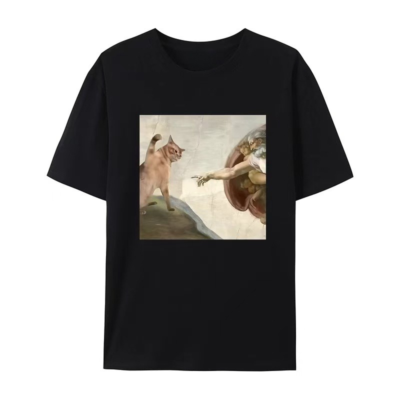 Humorous cat and Adam pattern casual T-shirt