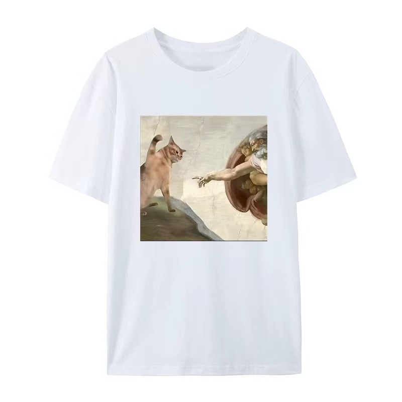 Humorous cat and Adam pattern casual T-shirt