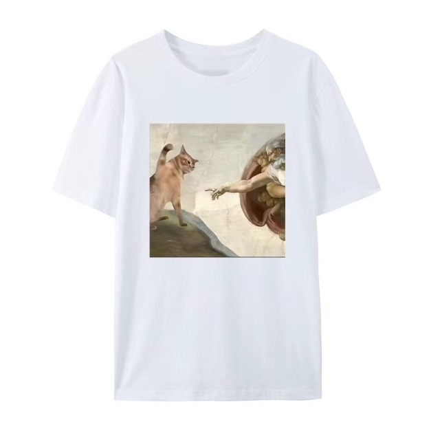 Humorous cat and Adam pattern casual T-shirt