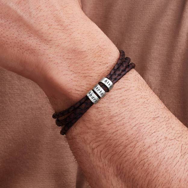  Braided Leather Bracelet with Custom Beads in Sterling Silver