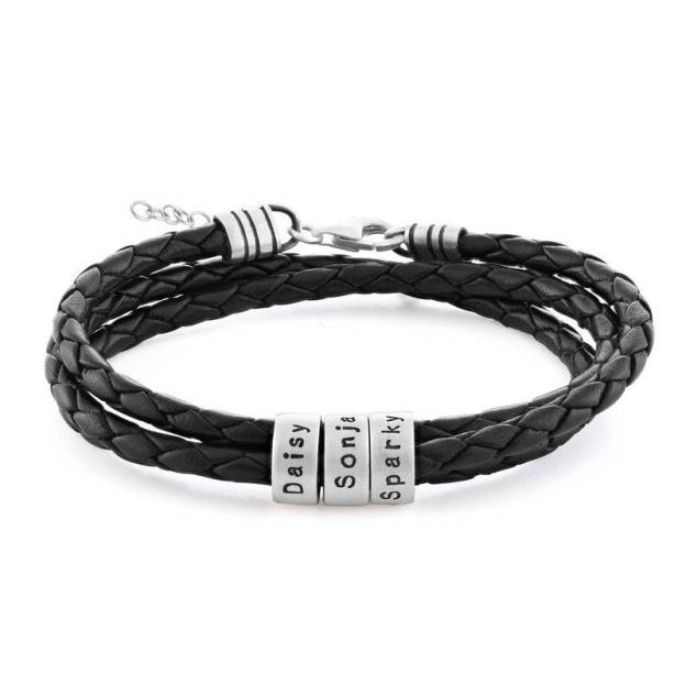  Braided Leather Bracelet with Custom Beads in Sterling Silver