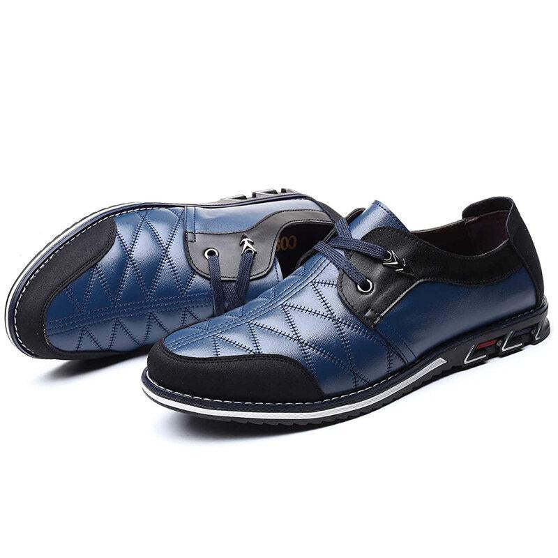 Large Size Men Plaid Leather Soft Lace Up Comfy Casual Shoes