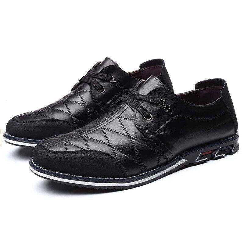 Large Size Men Plaid Leather Soft Lace Up Comfy Casual Shoes