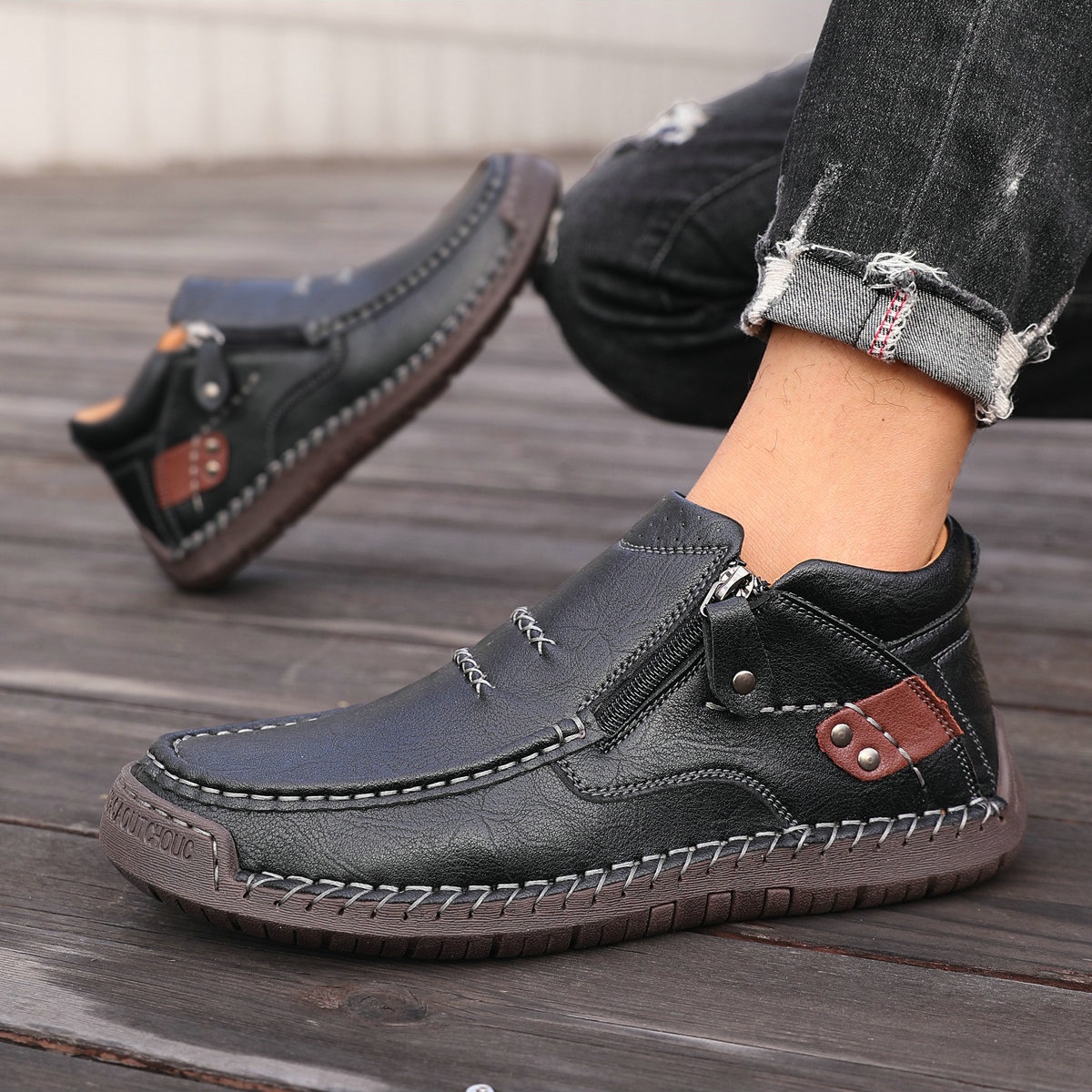 ⏰Limited Time Sale 50% OFF-Men’s Handmade Premium Leather Slip-On Driving Boots – Wide Toe, Arch Support