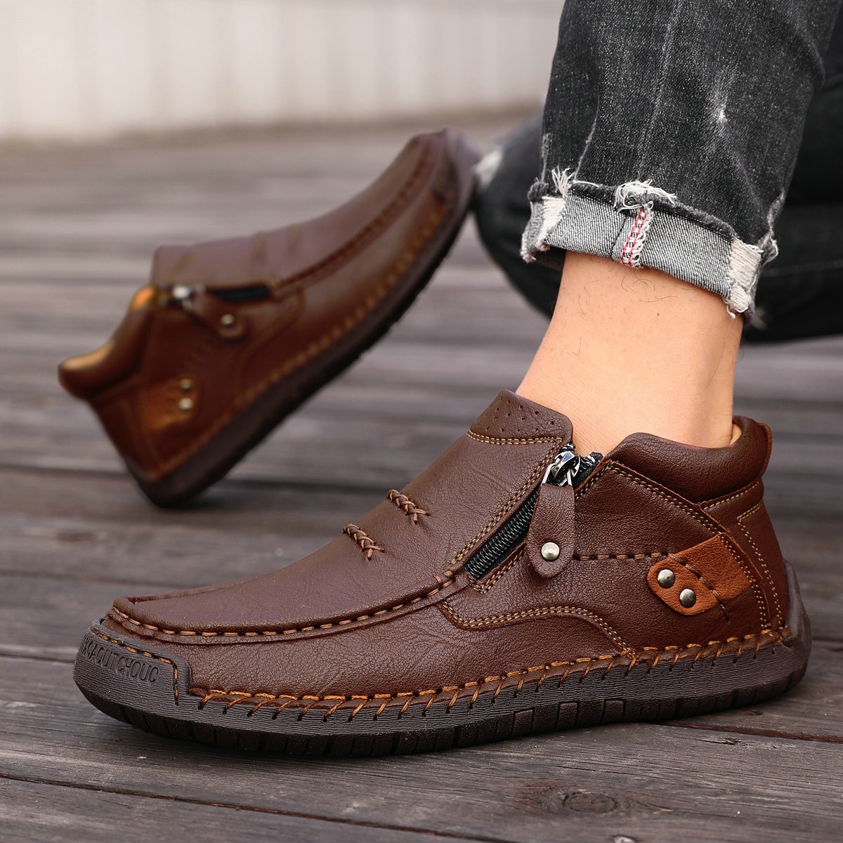 ⏰Limited Time Sale 50% OFF-Men’s Handmade Premium Leather Slip-On Driving Boots – Wide Toe, Arch Support