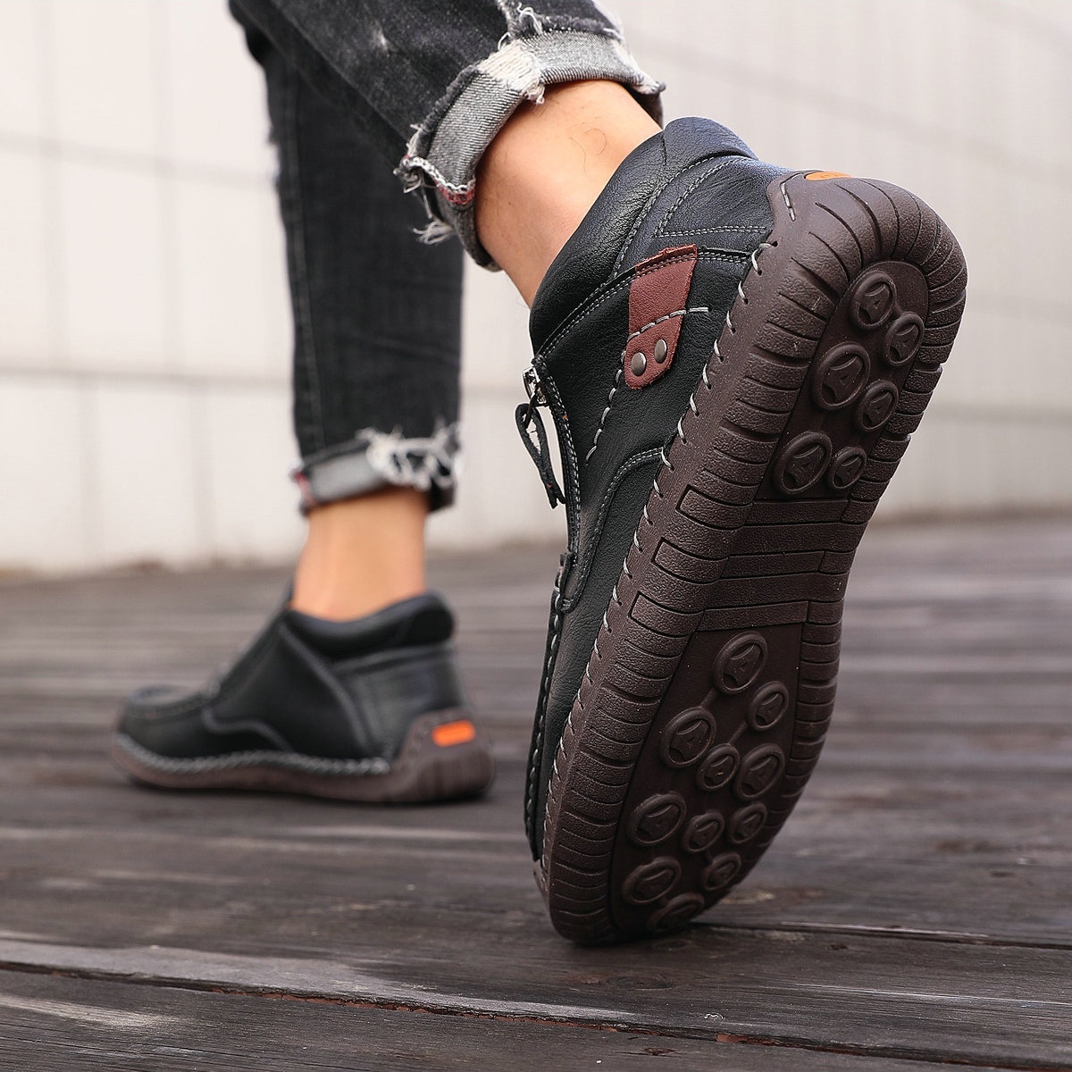 ⏰Limited Time Sale 50% OFF-Men’s Handmade Premium Leather Slip-On Driving Boots – Wide Toe, Arch Support