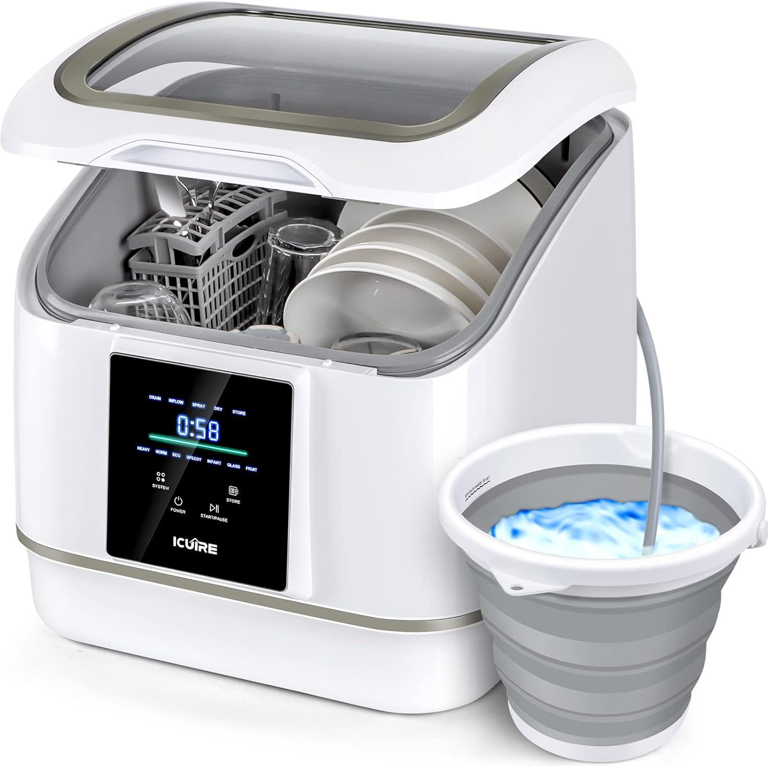 Portable Dishwasher Countertop, No Hookup Needed, 7 Washing Programs, 360°Spray, Hot Air-Dry Function, Fruit & Vegetable Soaking, Baby-Care, Mini Dishwasher for Apartments, Dorms and RVs
