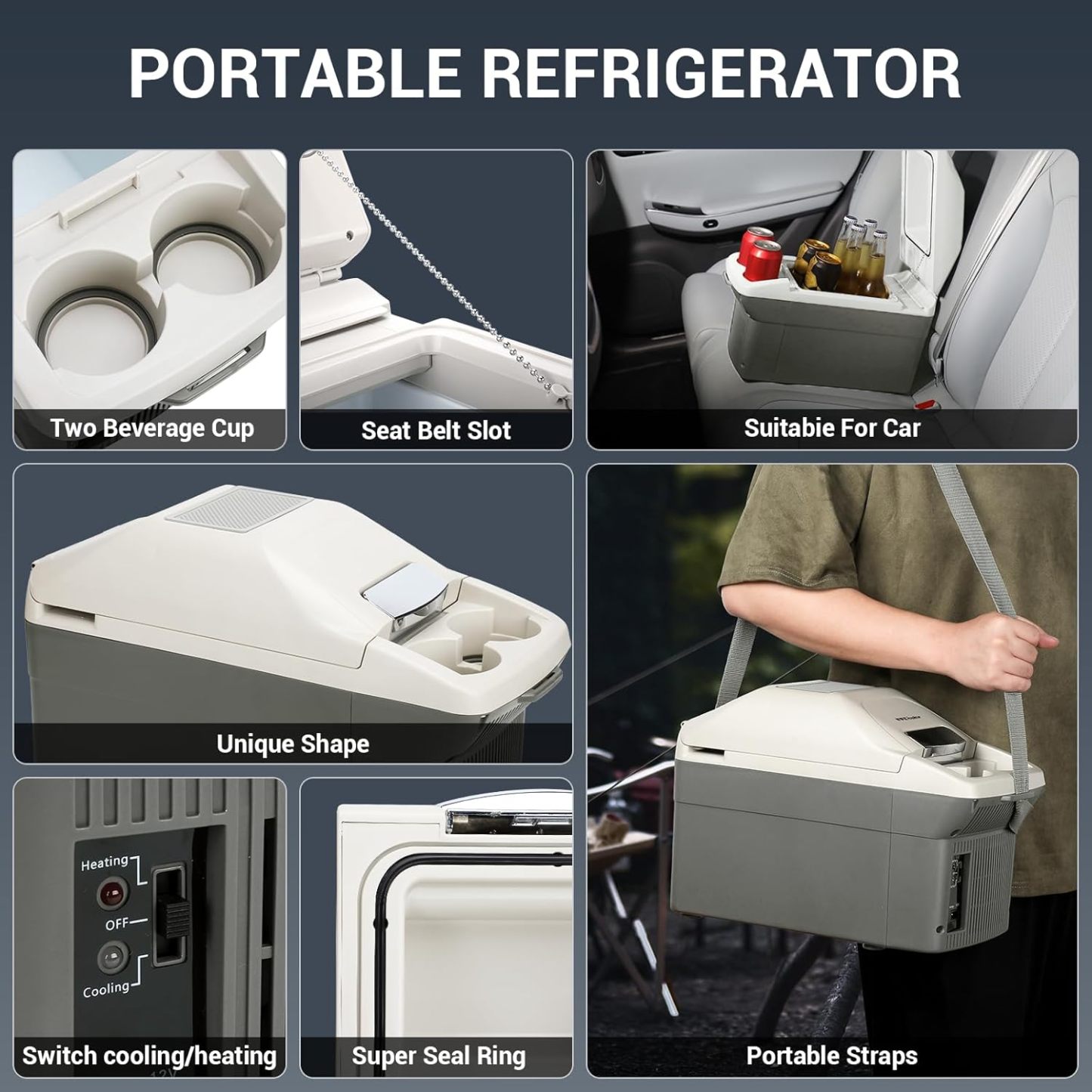 12V Car Refrigerator Cooler/Warmer 8 Quart (9L) 40℉~140℉,12 Volt DC &110V AC, Electric Car Fridge Portable Compact Camping Cooler Thermoelectric 12V Small Fridge for Car, RV, Camping (Grey)