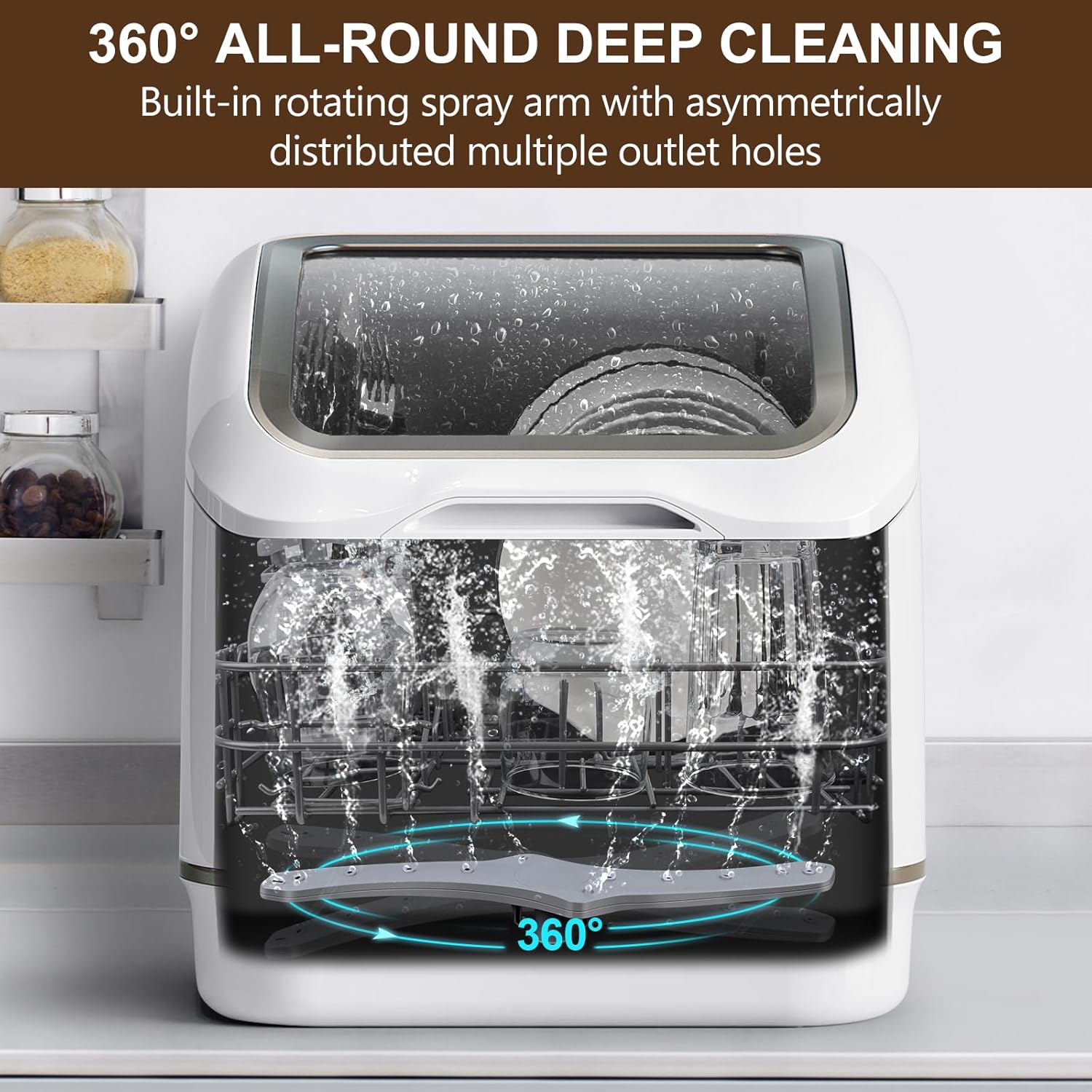 Portable Dishwasher Countertop, No Hookup Needed, 7 Washing Programs, 360°Spray, Hot Air-Dry Function, Fruit & Vegetable Soaking, Baby-Care, Mini Dishwasher for Apartments, Dorms and RVs
