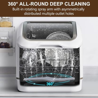 Portable Dishwasher Countertop, No Hookup Needed, 7 Washing Programs, 360°Spray, Hot Air-Dry Function, Fruit & Vegetable Soaking, Baby-Care, Mini Dishwasher for Apartments, Dorms and RVs