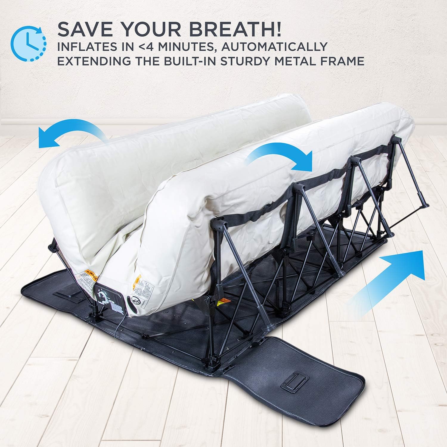 Air Mattress with Frame & Rolling Case, Self Inflatable, Blow Up Bed Auto Shut-Off, Comfortable Surface AirBed, Best for Guest, Travel, Vacation, Camping