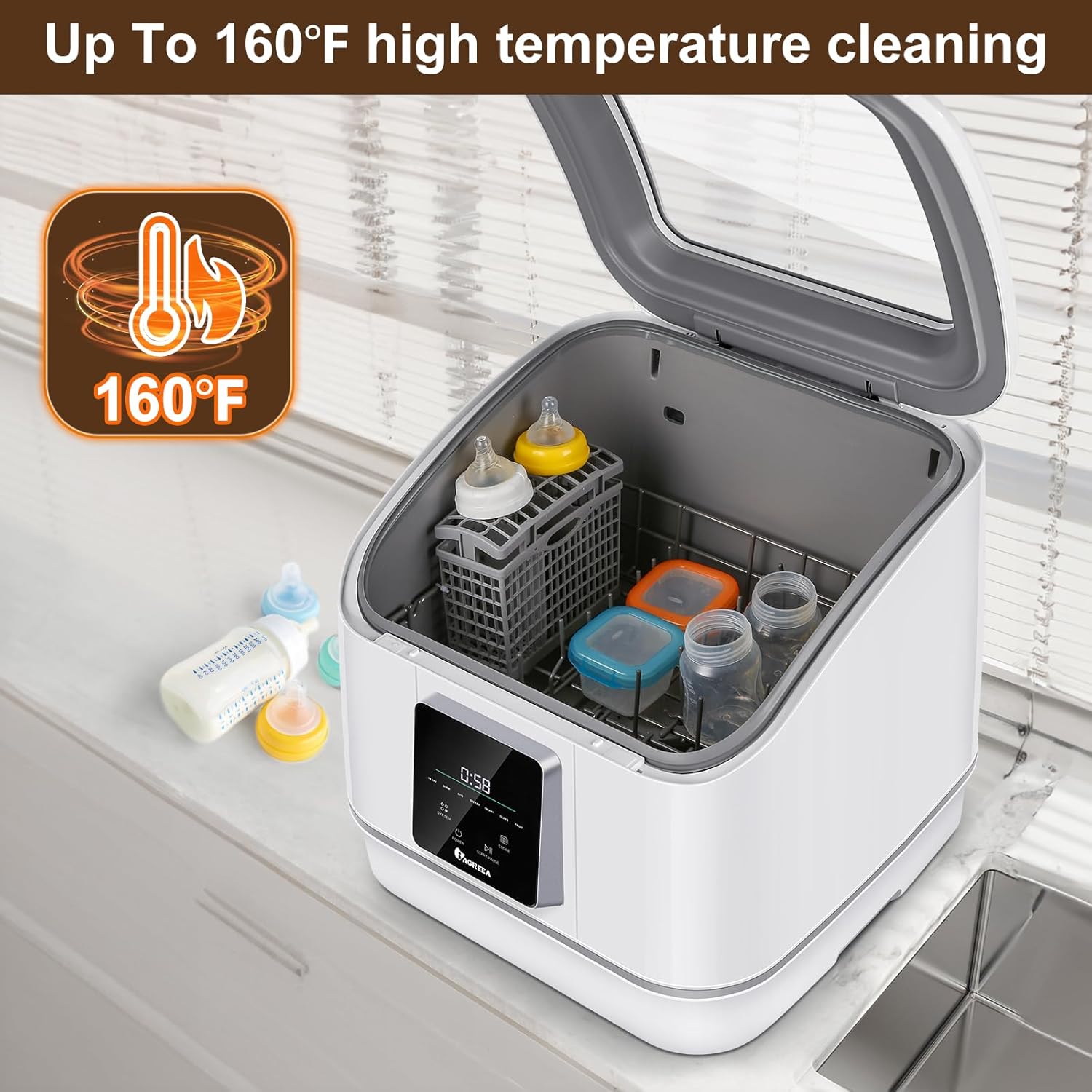 Portable Dishwasher Countertop, No Hookup Needed, 7 Washing Programs, 360°Spray, Hot Air-Dry Function, Fruit & Vegetable Soaking, Baby-Care, Mini Dishwasher for Apartments, Dorms and RVs