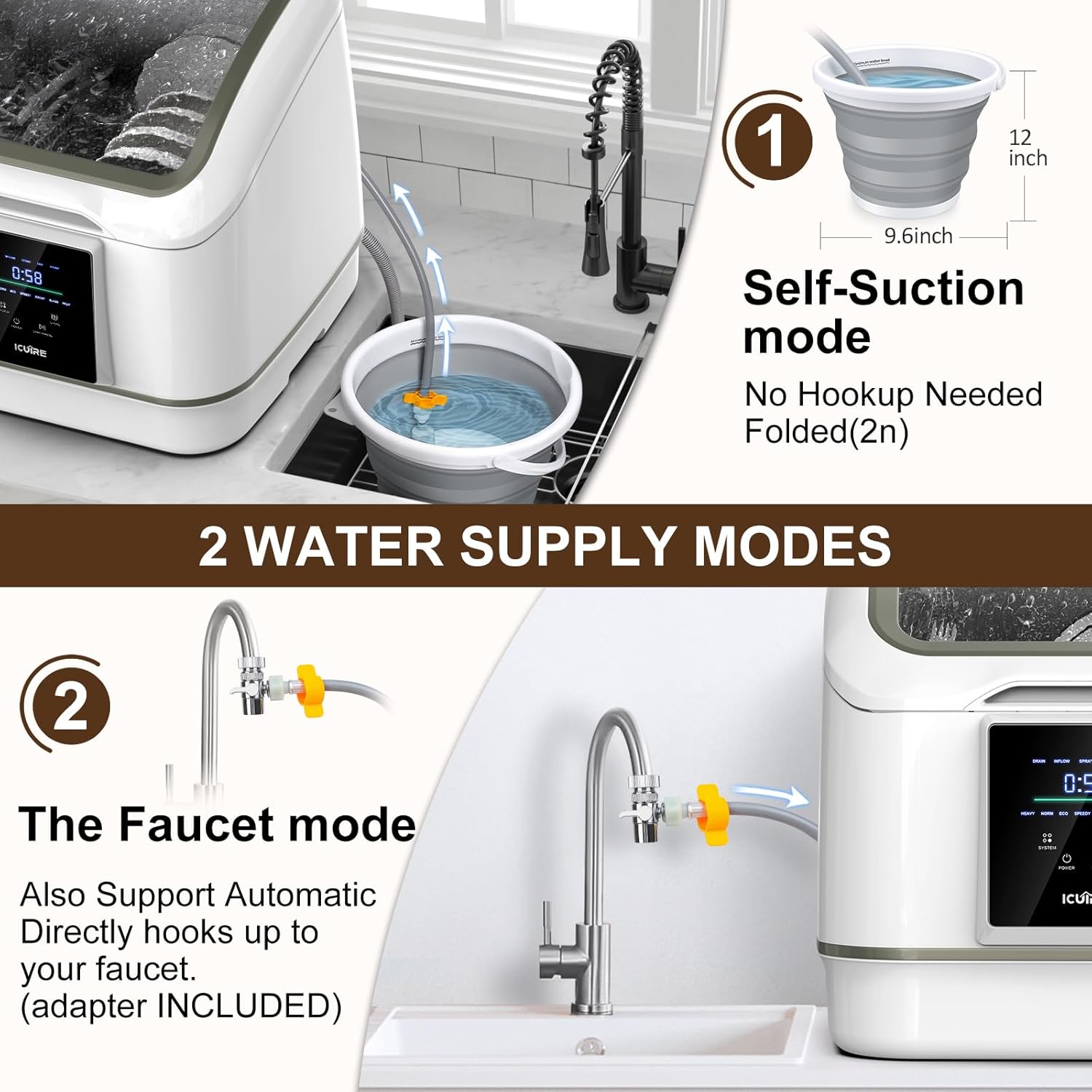 Portable Dishwasher Countertop, No Hookup Needed, 7 Washing Programs, 360°Spray, Hot Air-Dry Function, Fruit & Vegetable Soaking, Baby-Care, Mini Dishwasher for Apartments, Dorms and RVs
