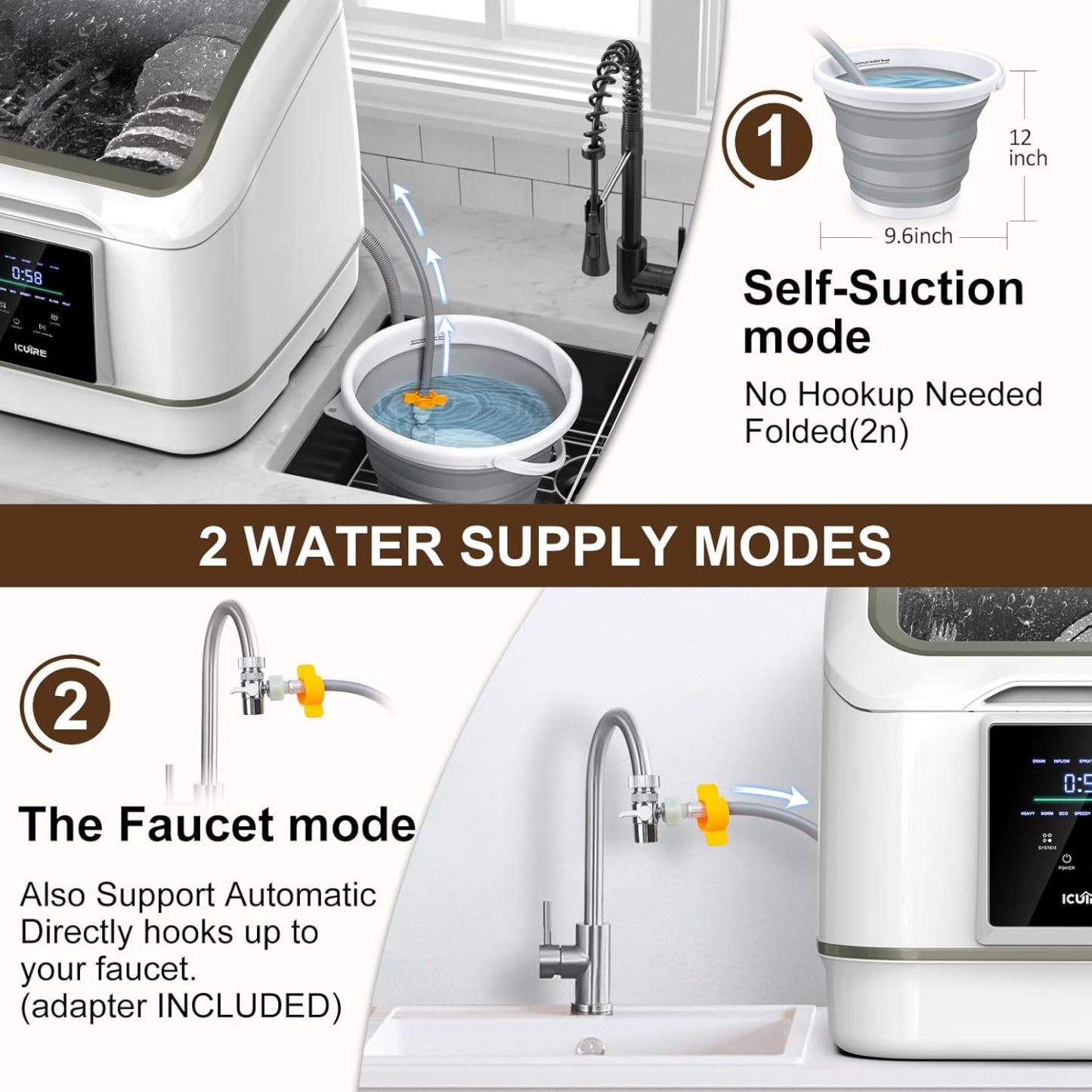 Portable Dishwasher Countertop, No Hookup Needed, 7 Washing Programs, 360°Spray, Hot Air-Dry Function, Fruit & Vegetable Soaking, Baby-Care, Mini Dishwasher for Apartments, Dorms and RVs