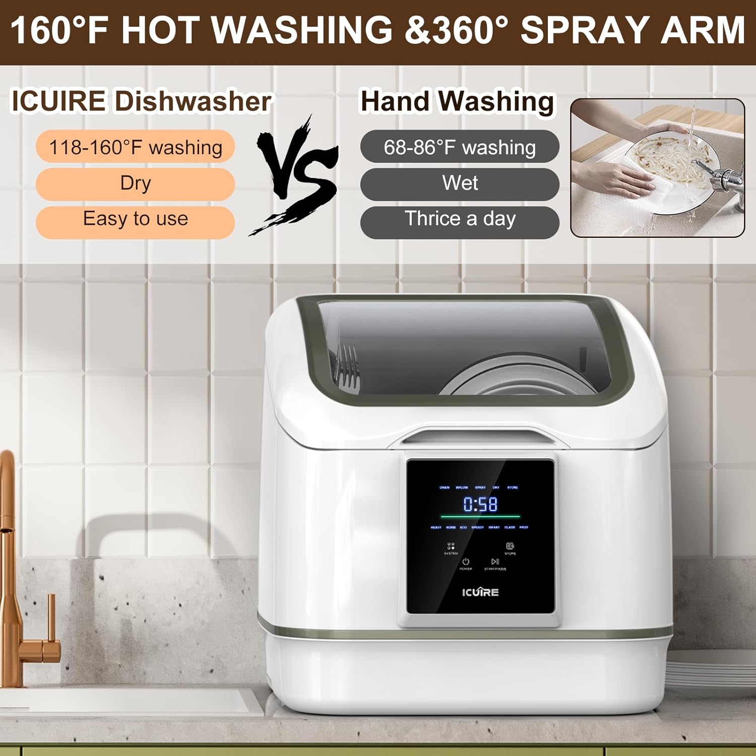 Portable Dishwasher Countertop, No Hookup Needed, 7 Washing Programs, 360°Spray, Hot Air-Dry Function, Fruit & Vegetable Soaking, Baby-Care, Mini Dishwasher for Apartments, Dorms and RVs