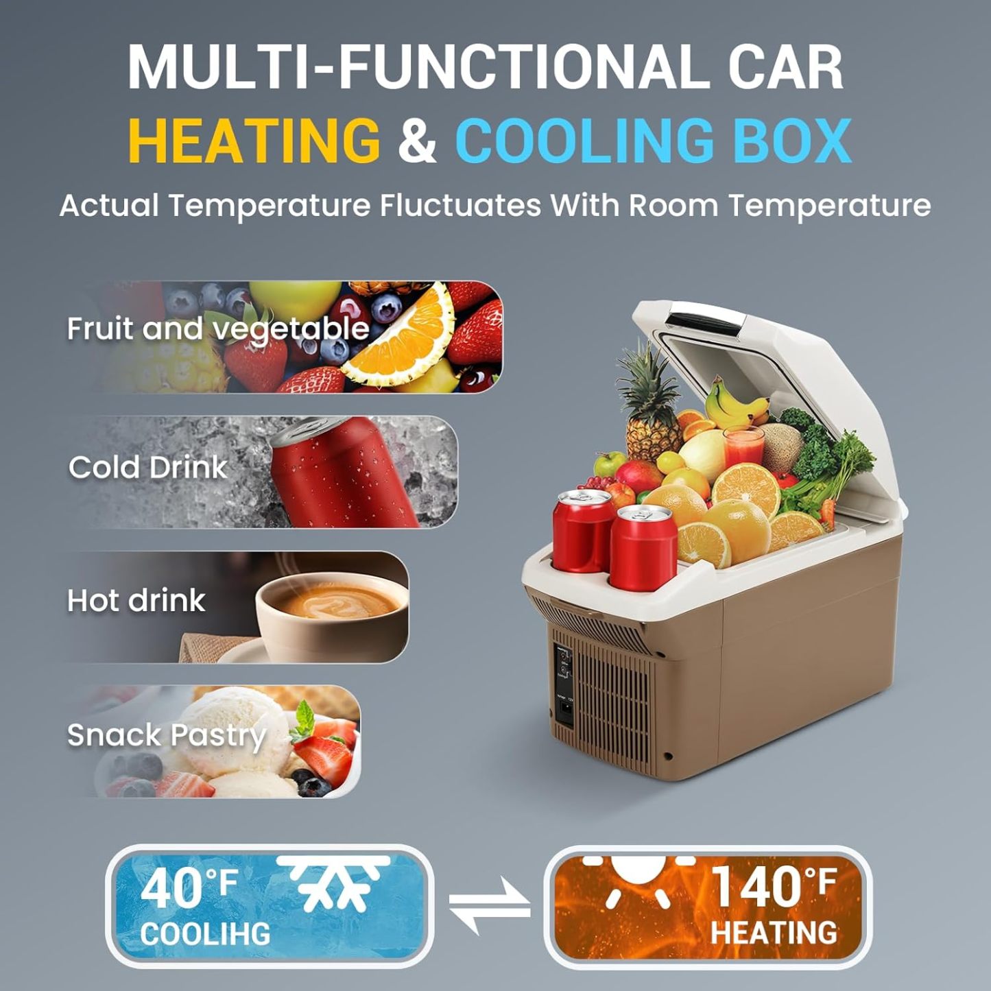 12V Car Refrigerator Cooler/Warmer 8 Quart (9L) 40℉~140℉,12 Volt DC &110V AC, Electric Car Fridge Portable Compact Camping Cooler Thermoelectric 12V Small Fridge for Car, RV, Camping (Grey)