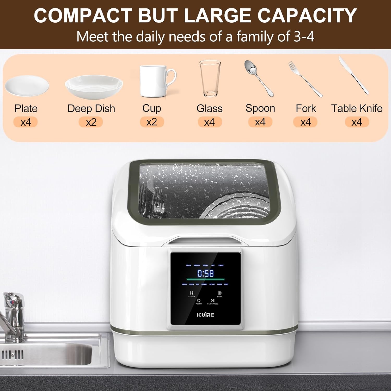 Portable Dishwasher Countertop, No Hookup Needed, 7 Washing Programs, 360°Spray, Hot Air-Dry Function, Fruit & Vegetable Soaking, Baby-Care, Mini Dishwasher for Apartments, Dorms and RVs