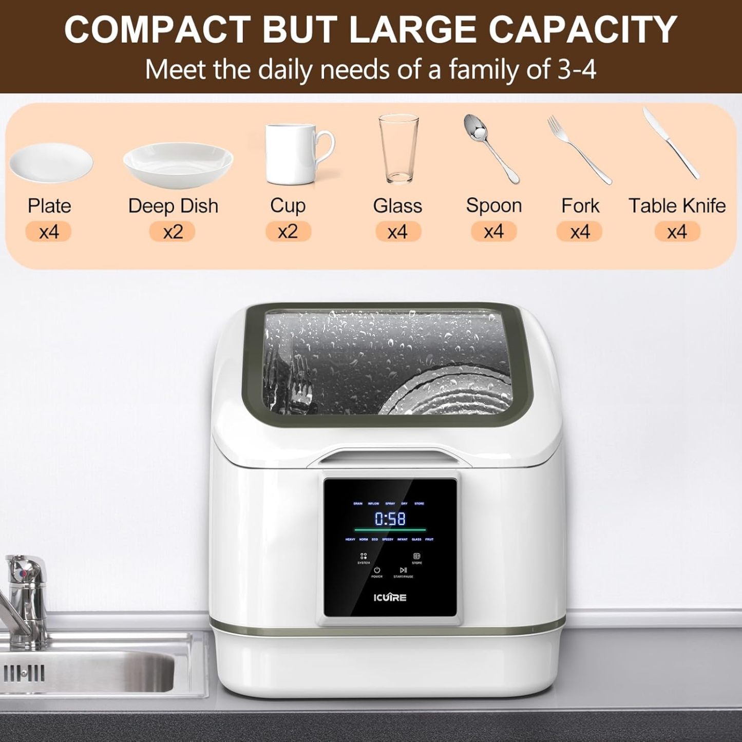 Portable Dishwasher Countertop, No Hookup Needed, 7 Washing Programs, 360°Spray, Hot Air-Dry Function, Fruit & Vegetable Soaking, Baby-Care, Mini Dishwasher for Apartments, Dorms and RVs