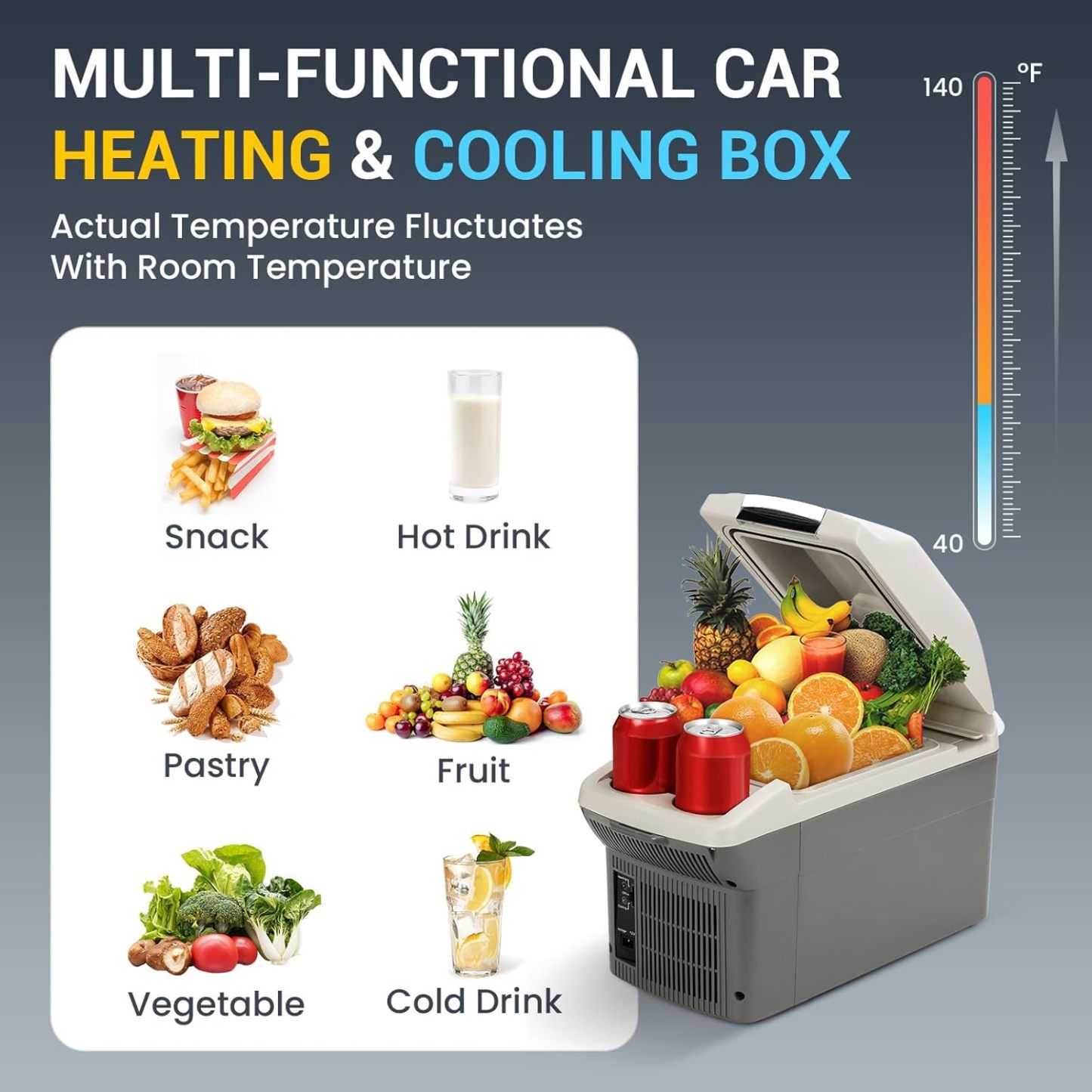 12V Car Refrigerator Cooler/Warmer 8 Quart (9L) 40℉~140℉,12 Volt DC &110V AC, Electric Car Fridge Portable Compact Camping Cooler Thermoelectric 12V Small Fridge for Car, RV, Camping (Grey)