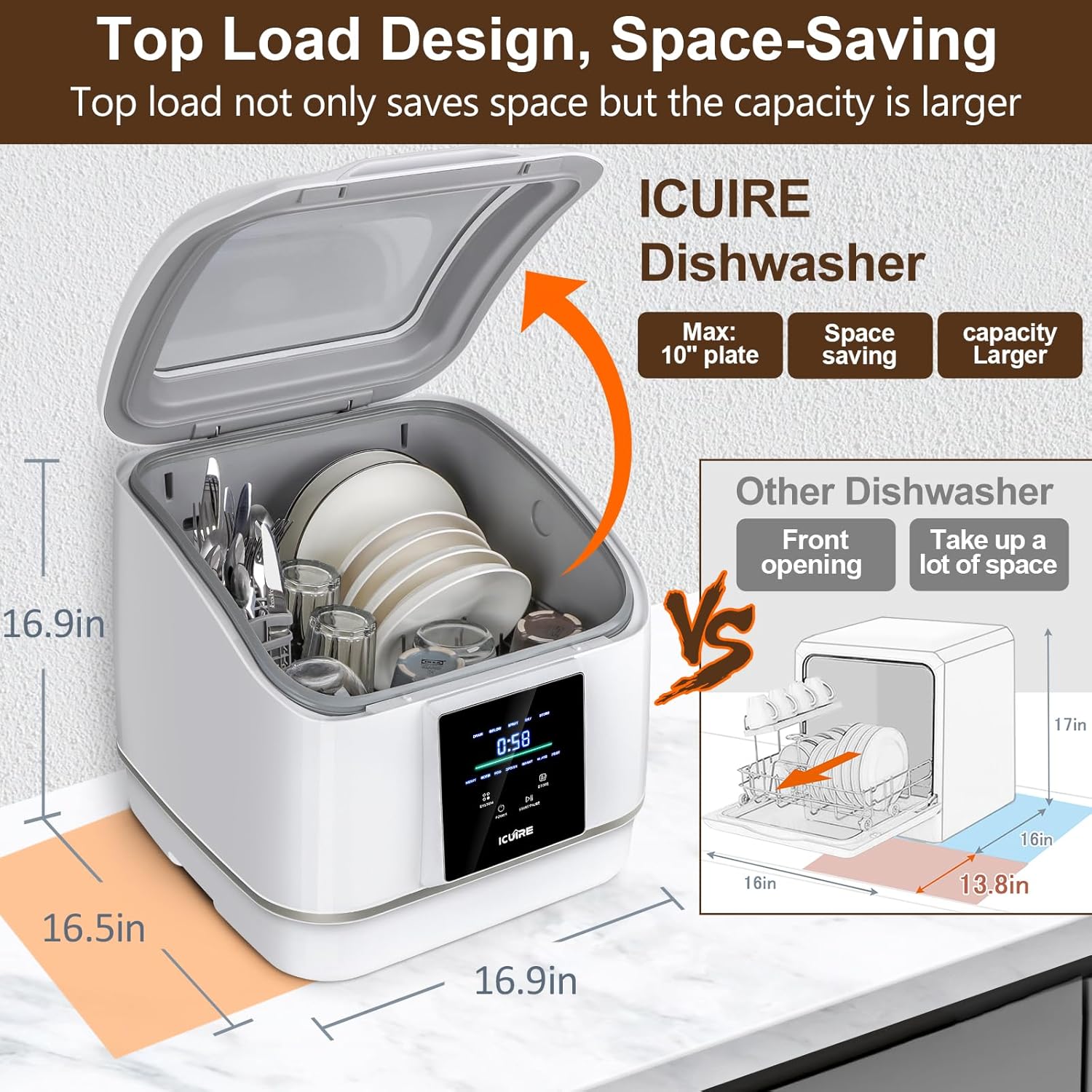 Portable Dishwasher Countertop, No Hookup Needed, 7 Washing Programs, 360°Spray, Hot Air-Dry Function, Fruit & Vegetable Soaking, Baby-Care, Mini Dishwasher for Apartments, Dorms and RVs