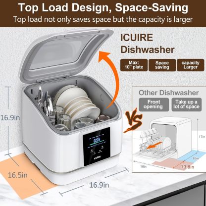Portable Dishwasher Countertop, No Hookup Needed, 7 Washing Programs, 360°Spray, Hot Air-Dry Function, Fruit & Vegetable Soaking, Baby-Care, Mini Dishwasher for Apartments, Dorms and RVs