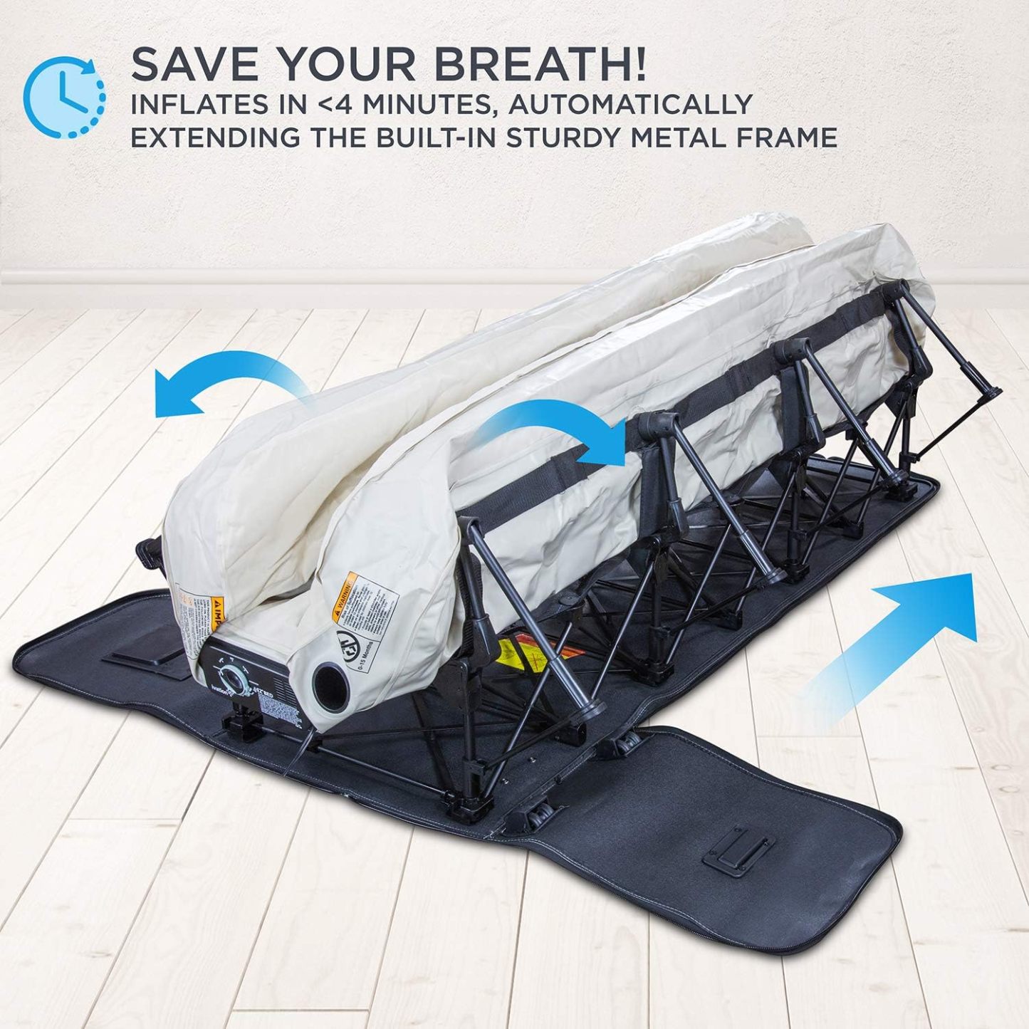 Air Mattress with Frame & Rolling Case, Self Inflatable, Blow Up Bed Auto Shut-Off, Comfortable Surface AirBed, Best for Guest, Travel, Vacation, Camping
