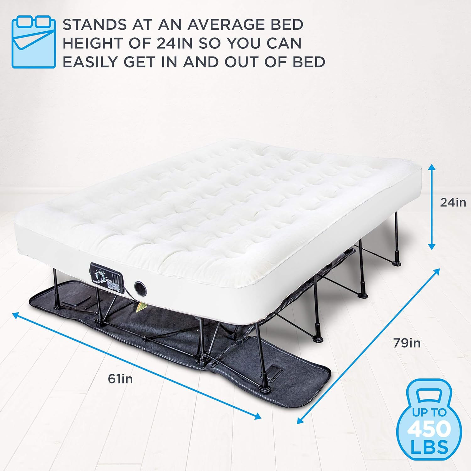 Air Mattress with Frame & Rolling Case, Self Inflatable, Blow Up Bed Auto Shut-Off, Comfortable Surface AirBed, Best for Guest, Travel, Vacation, Camping