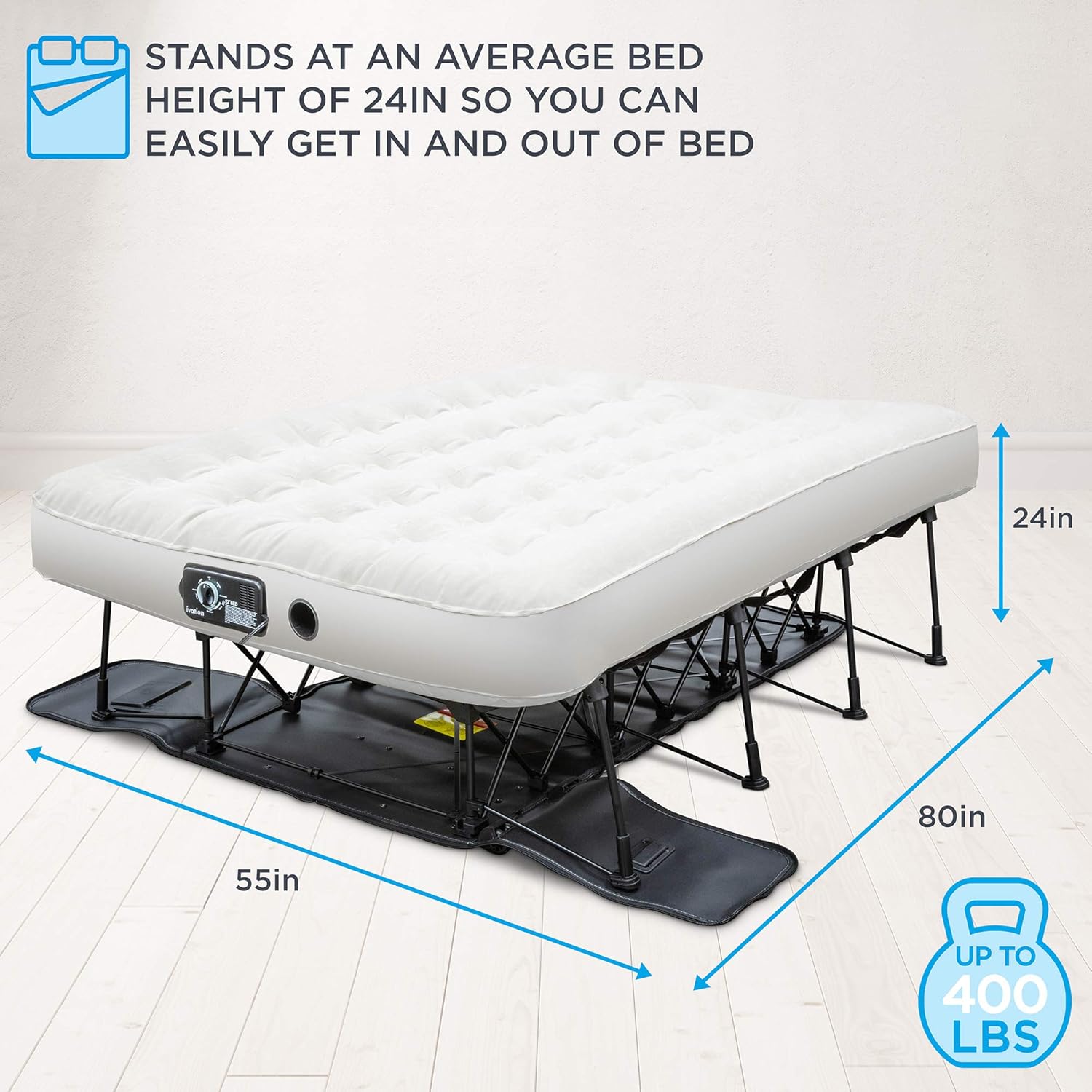 Air Mattress with Frame & Rolling Case, Self Inflatable, Blow Up Bed Auto Shut-Off, Comfortable Surface AirBed, Best for Guest, Travel, Vacation, Camping
