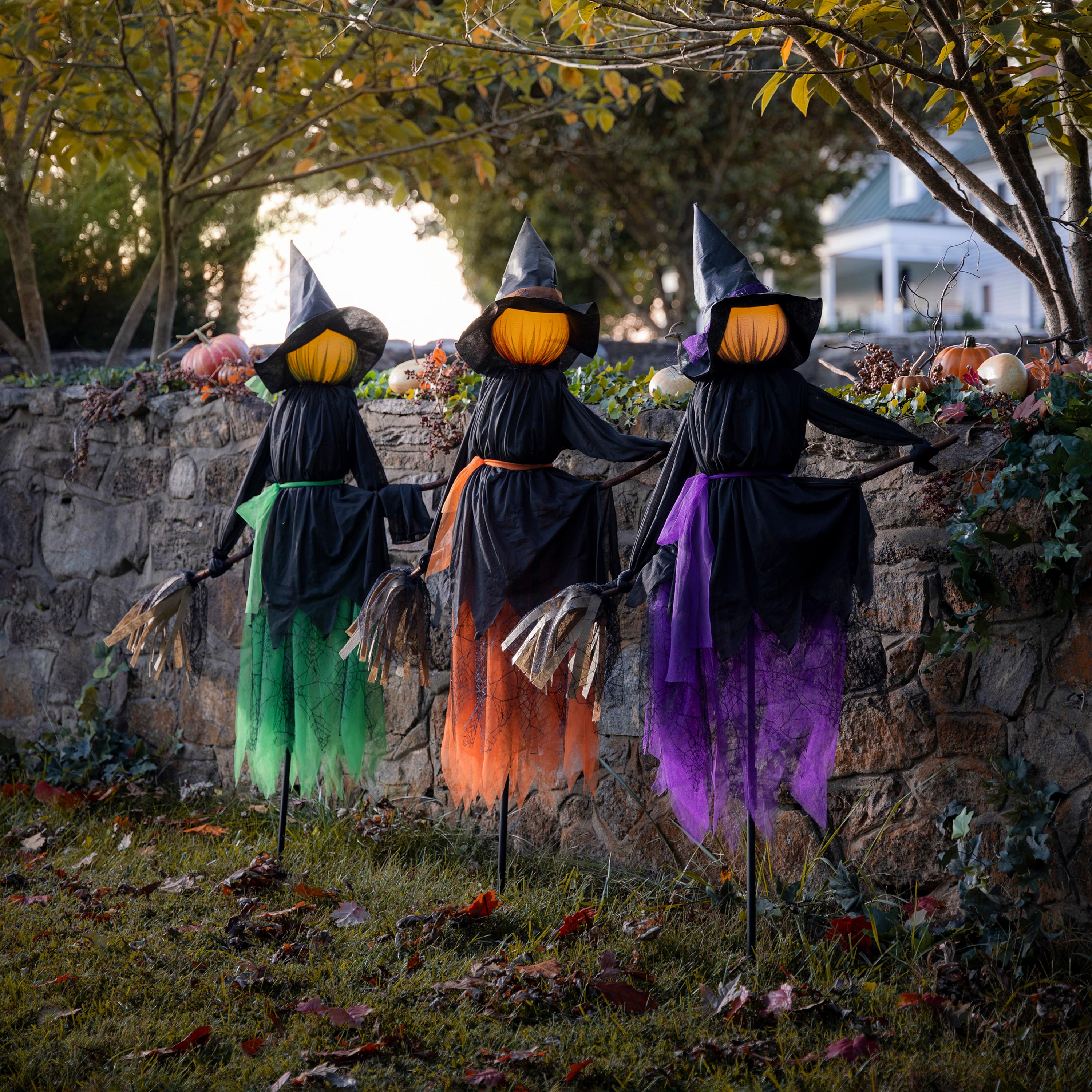 Lighted Witch Stakes with Brooms, Set of 3
