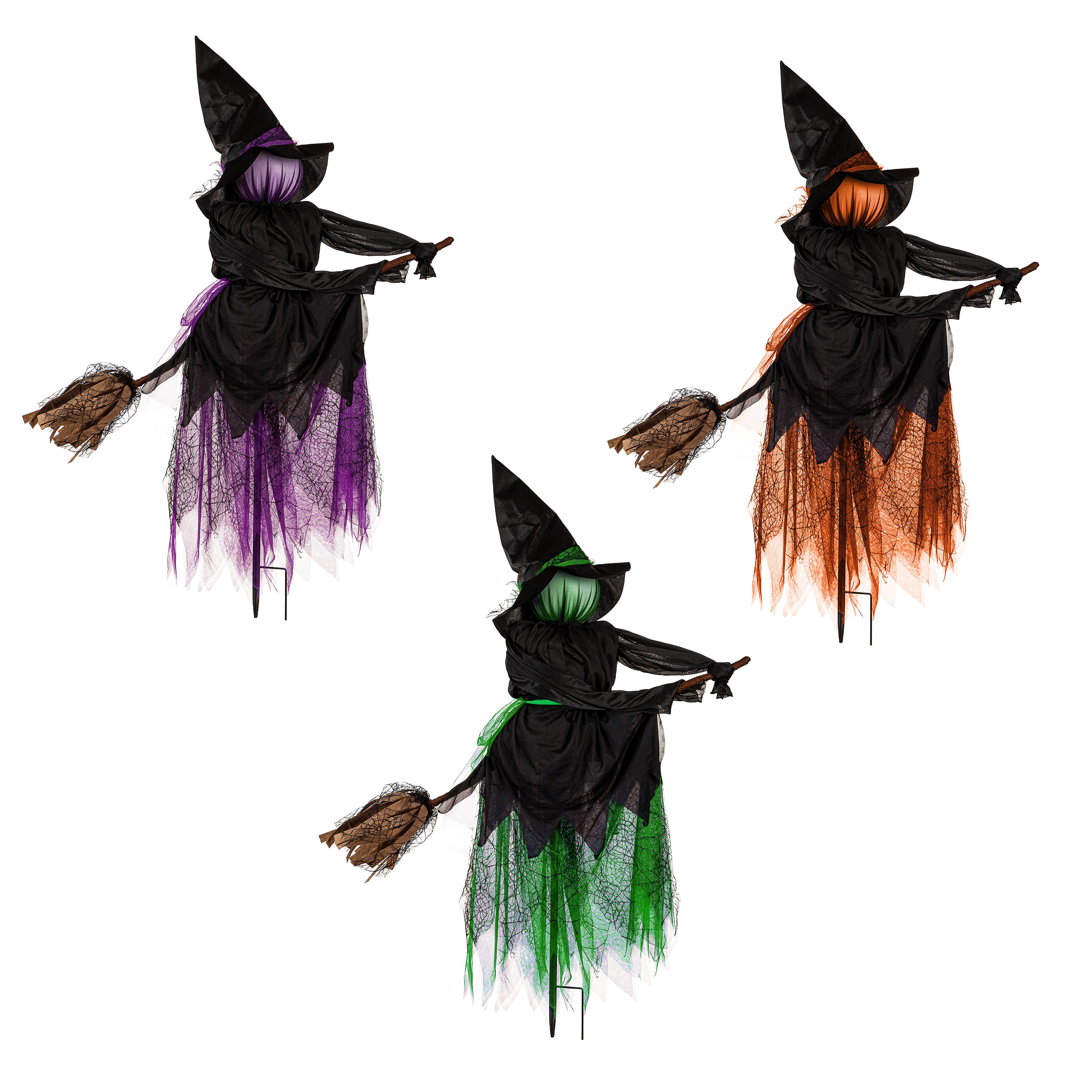 Lighted Witch Stakes with Brooms, Set of 3