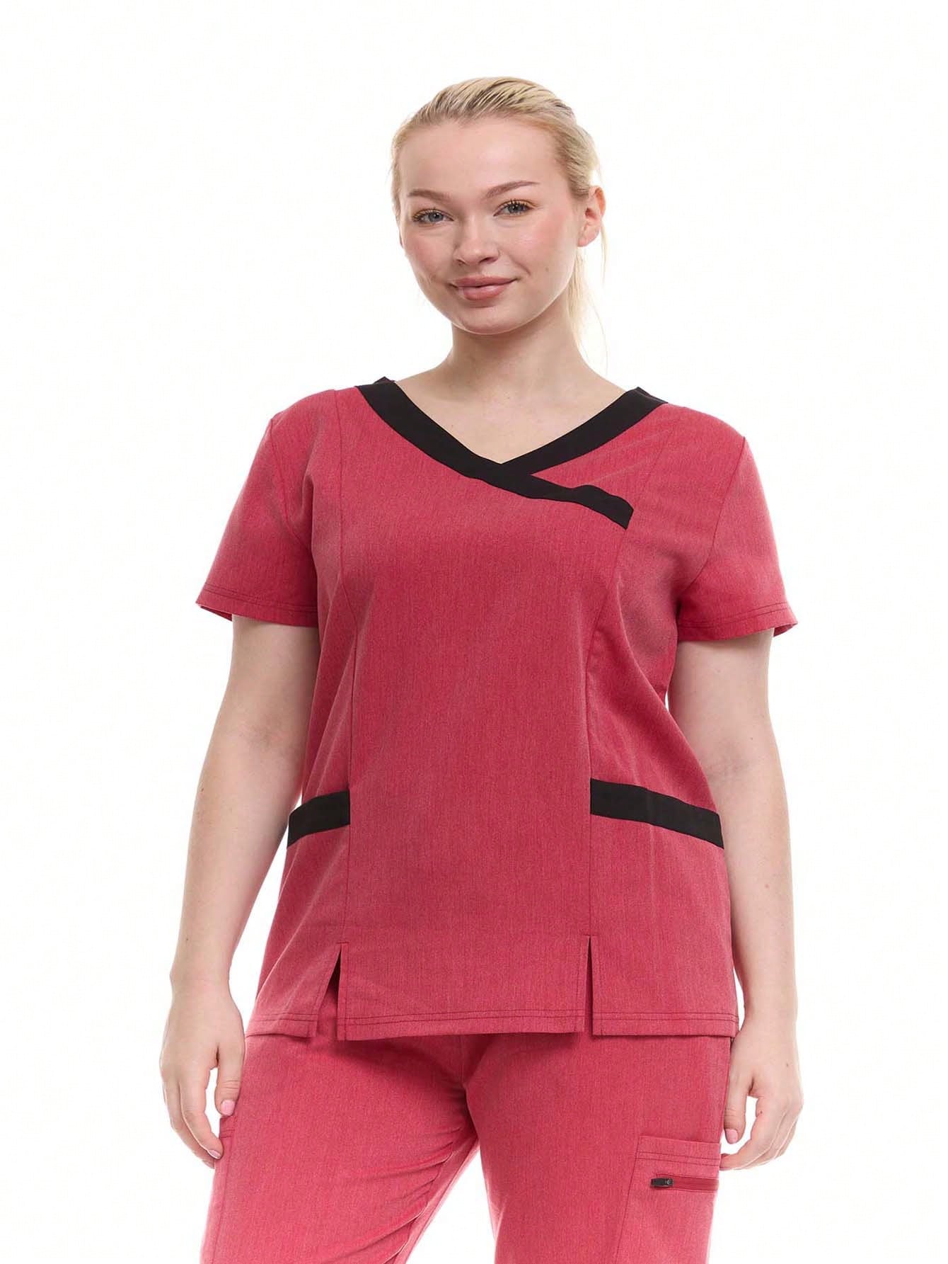 HEAL+WEAR Women's Modern Contrast V-Neck Scrub Top – Stylish Colorblock Trim, Slim Fit, 4-Way Stretch,Stretch Fabric, Multiple Pockets – Available in Various Colors ET2004