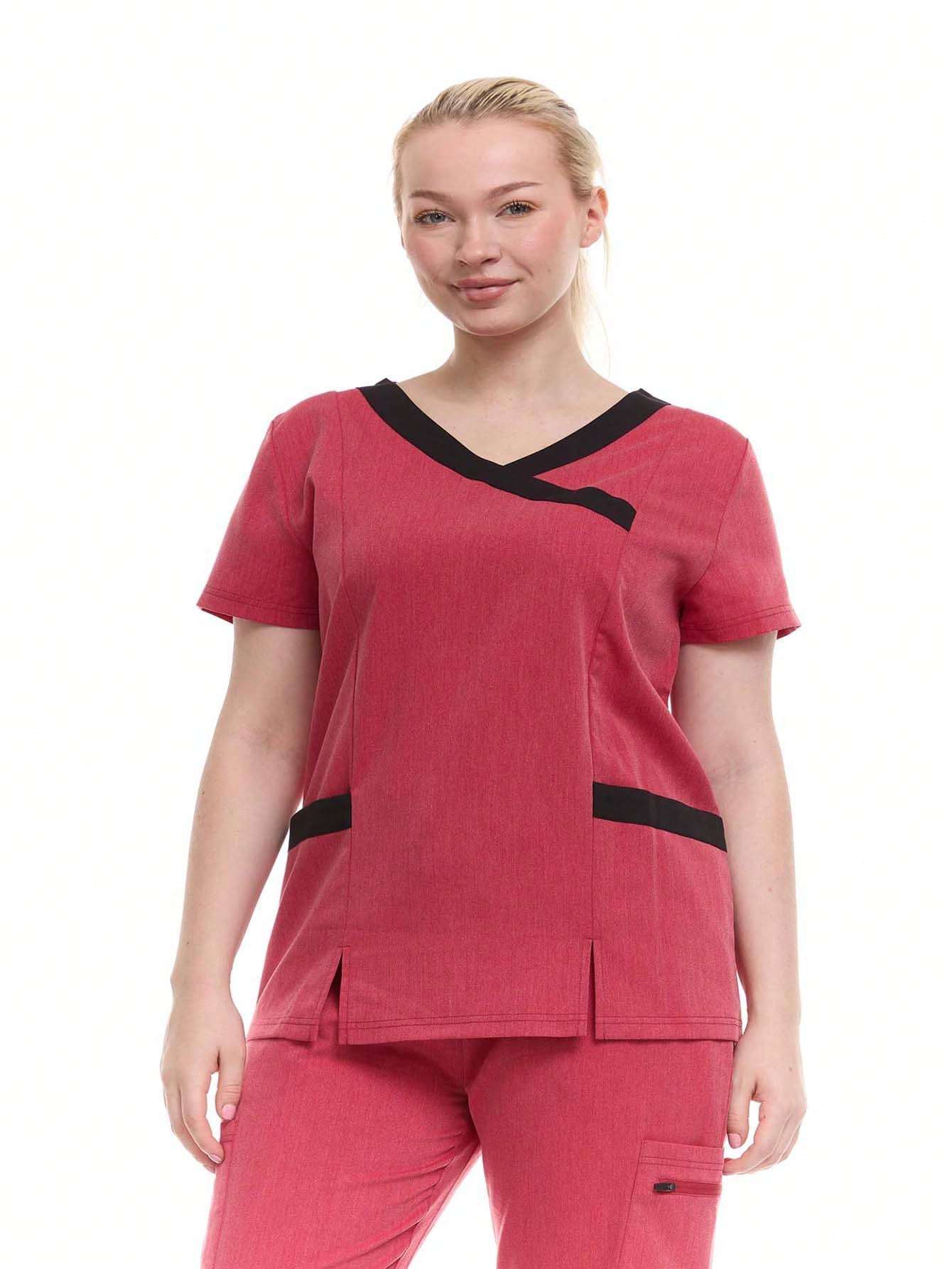 HEAL+WEAR Women's Modern Contrast V-Neck Scrub Top – Stylish Colorblock Trim, Slim Fit, 4-Way Stretch,Stretch Fabric, Multiple Pockets – Available in Various Colors ET2004