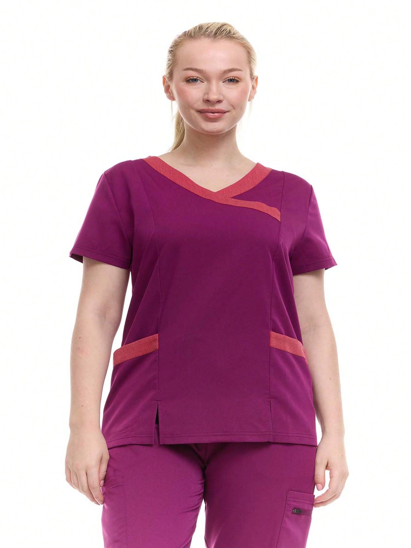 HEAL+WEAR Women's Modern Contrast V-Neck Scrub Top – Stylish Colorblock Trim, Slim Fit, 4-Way Stretch,Stretch Fabric, Multiple Pockets – Available in Various Colors ET2004