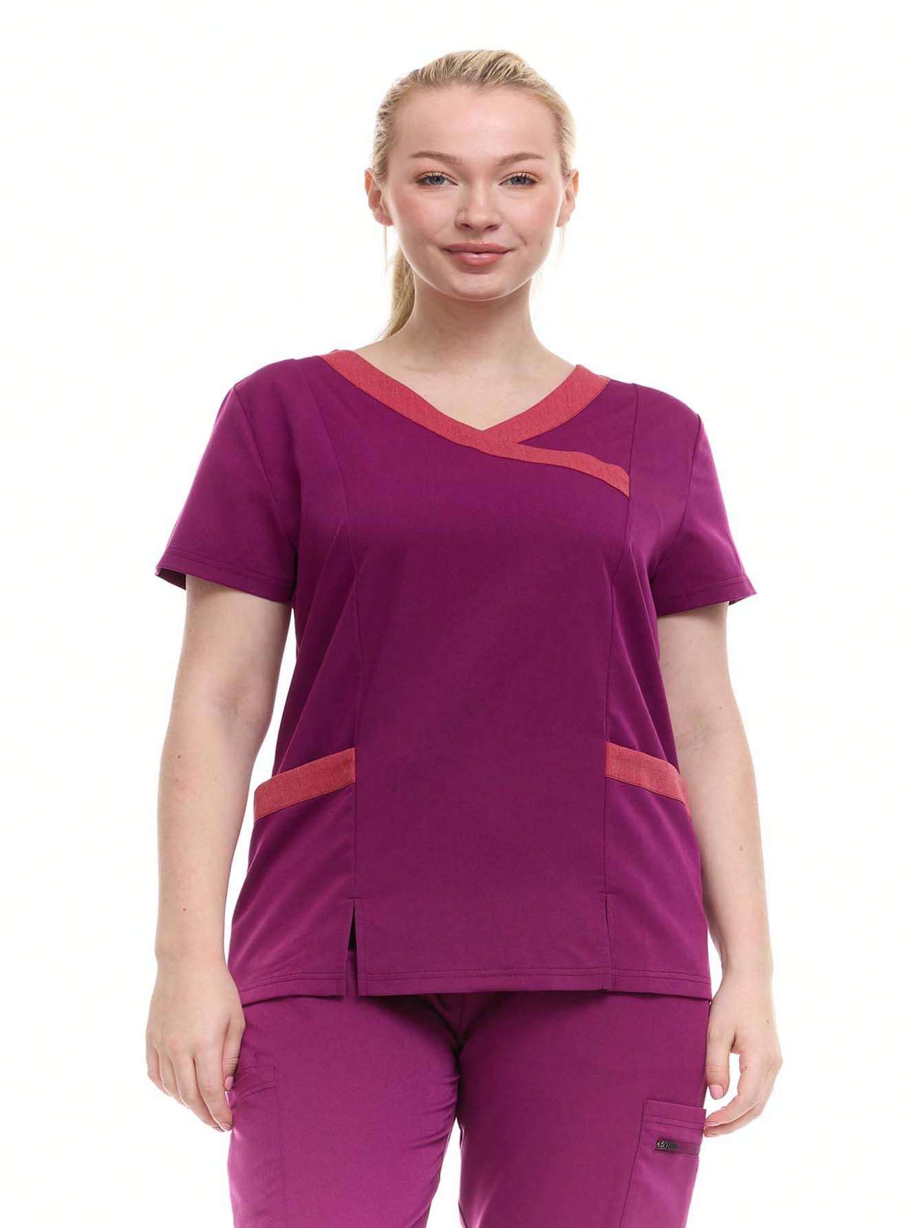 HEAL+WEAR Women's Modern Contrast V-Neck Scrub Top – Stylish Colorblock Trim, Slim Fit, 4-Way Stretch,Stretch Fabric, Multiple Pockets – Available in Various Colors ET2004