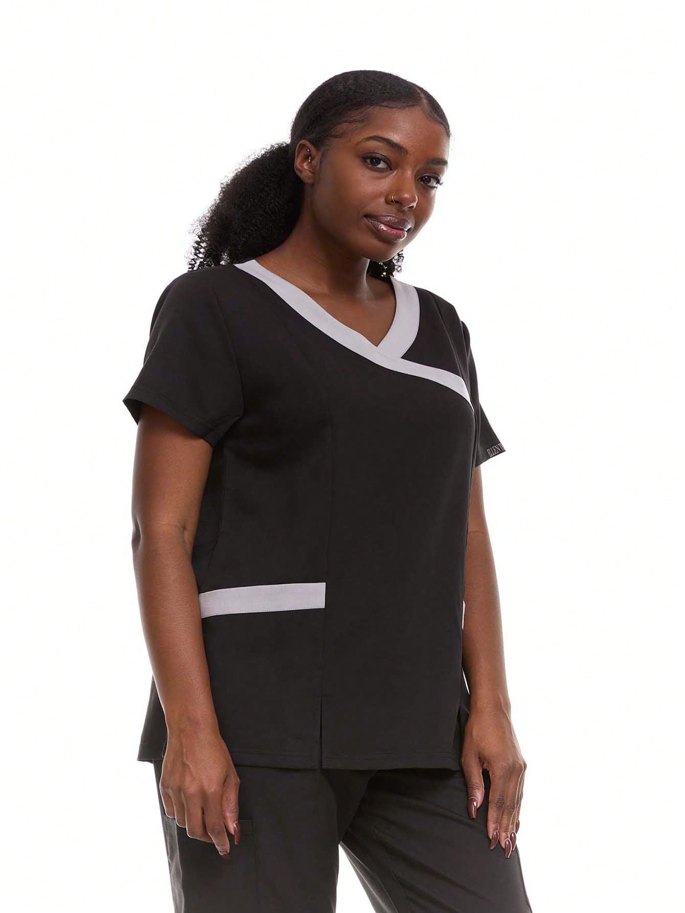 HEAL+WEAR Women's Modern Contrast V-Neck Scrub Top – Stylish Colorblock Trim, Slim Fit, 4-Way Stretch,Stretch Fabric, Multiple Pockets – Available in Various Colors ET2004