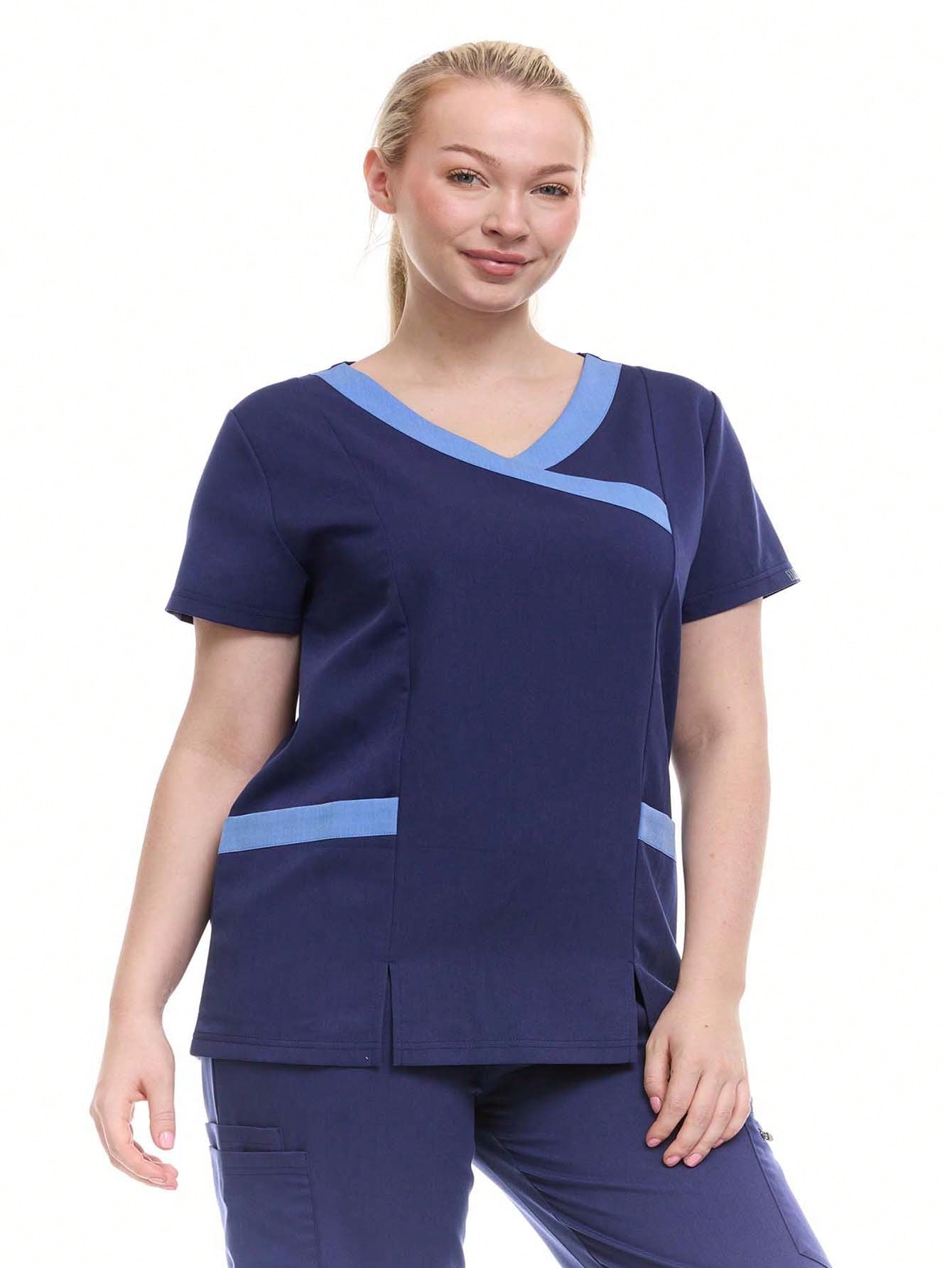 HEAL+WEAR Women's Modern Contrast V-Neck Scrub Top – Stylish Colorblock Trim, Slim Fit, 4-Way Stretch,Stretch Fabric, Multiple Pockets – Available in Various Colors ET2004