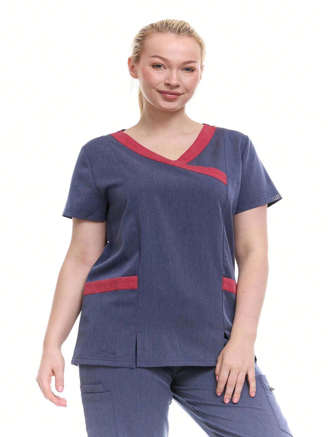 HEAL+WEAR Women's Modern Contrast V-Neck Scrub Top – Stylish Colorblock Trim, Slim Fit, 4-Way Stretch,Stretch Fabric, Multiple Pockets – Available in Various Colors ET2004