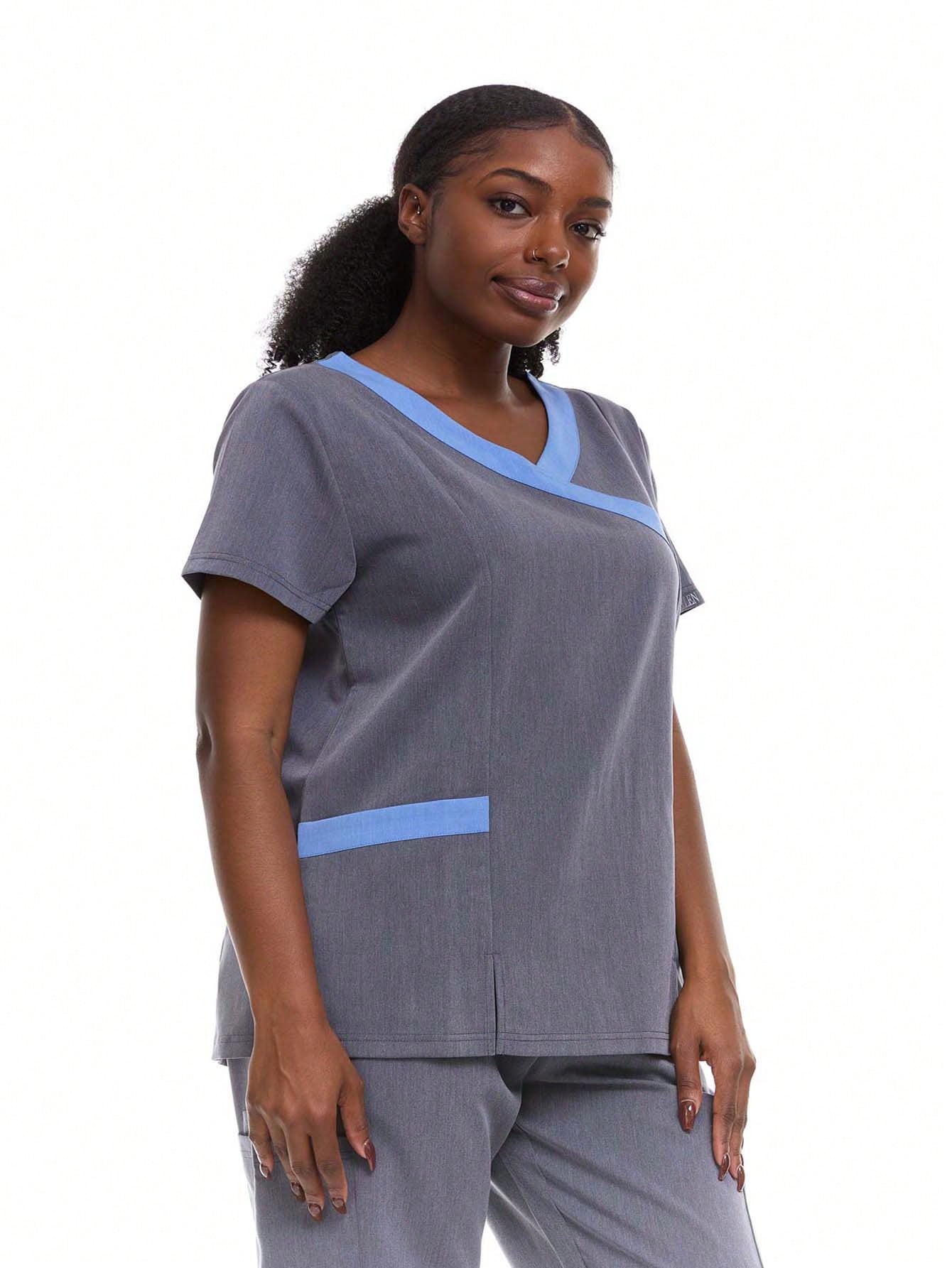 HEAL+WEAR Women's Modern Contrast V-Neck Scrub Top – Stylish Colorblock Trim, Slim Fit, 4-Way Stretch,Stretch Fabric, Multiple Pockets – Available in Various Colors ET2004