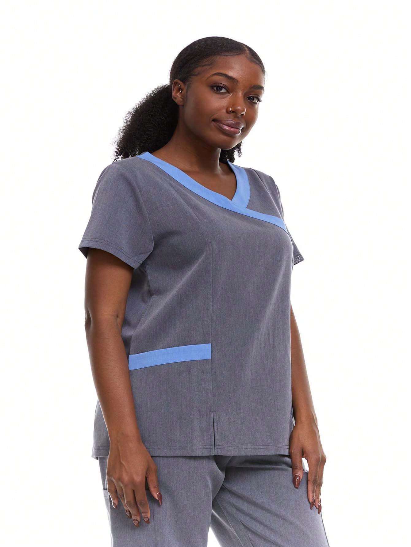 HEAL+WEAR Women's Modern Contrast V-Neck Scrub Top – Stylish Colorblock Trim, Slim Fit, 4-Way Stretch,Stretch Fabric, Multiple Pockets – Available in Various Colors ET2004