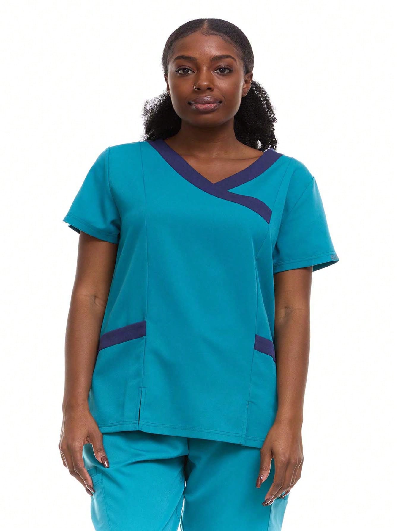 HEAL+WEAR Women's Modern Contrast V-Neck Scrub Top – Stylish Colorblock Trim, Slim Fit, 4-Way Stretch,Stretch Fabric, Multiple Pockets – Available in Various Colors ET2004