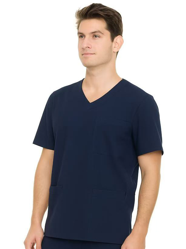 Men's Solid Color Scrub Top V-Neck Short Sleeve Shirt with Chest Pocket and Two Large Lower Pockets, Durable Polyester Blend
