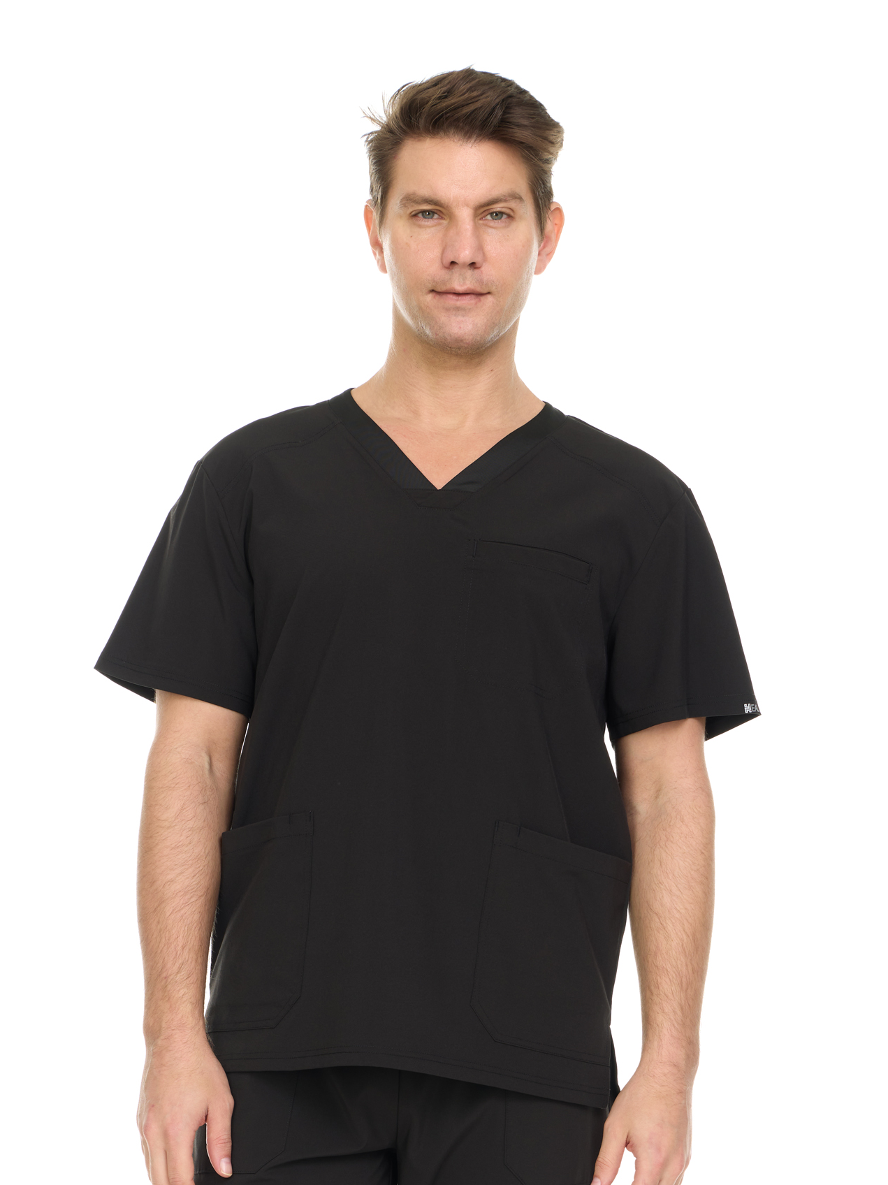 Men's Solid Color Scrub Top V-Neck Short Sleeve Shirt with Chest Pocket and Two Large Lower Pockets, Durable Polyester Blend