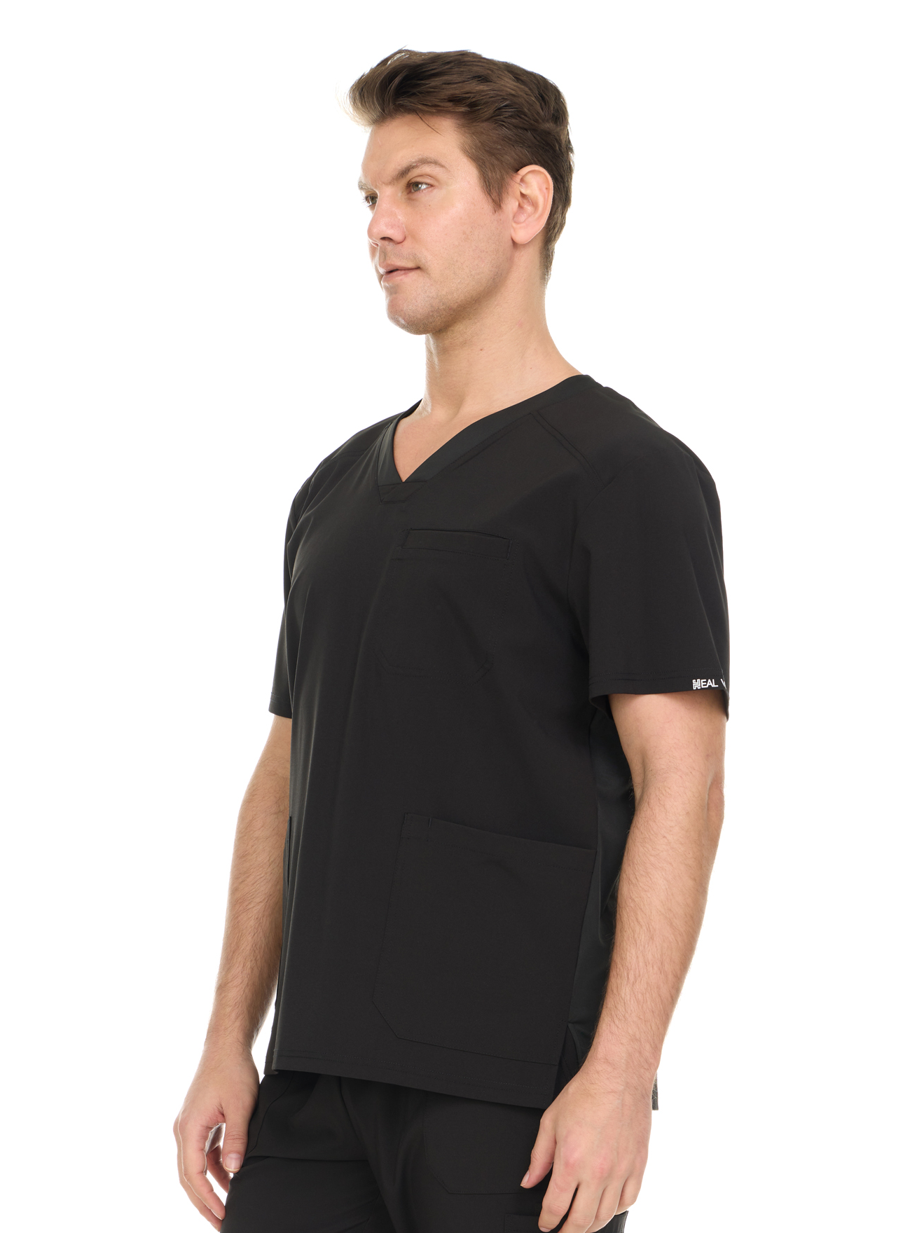 Men's Solid Color Scrub Top V-Neck Short Sleeve Shirt with Chest Pocket and Two Large Lower Pockets, Durable Polyester Blend