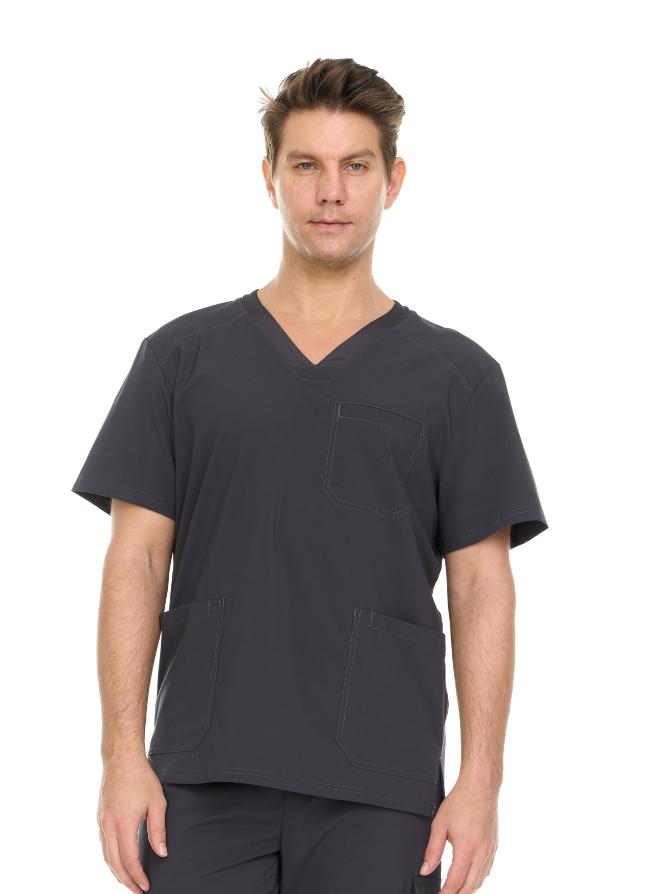Men's Solid Color Scrub Top V-Neck Short Sleeve Shirt with Chest Pocket and Two Large Lower Pockets, Durable Polyester Blend