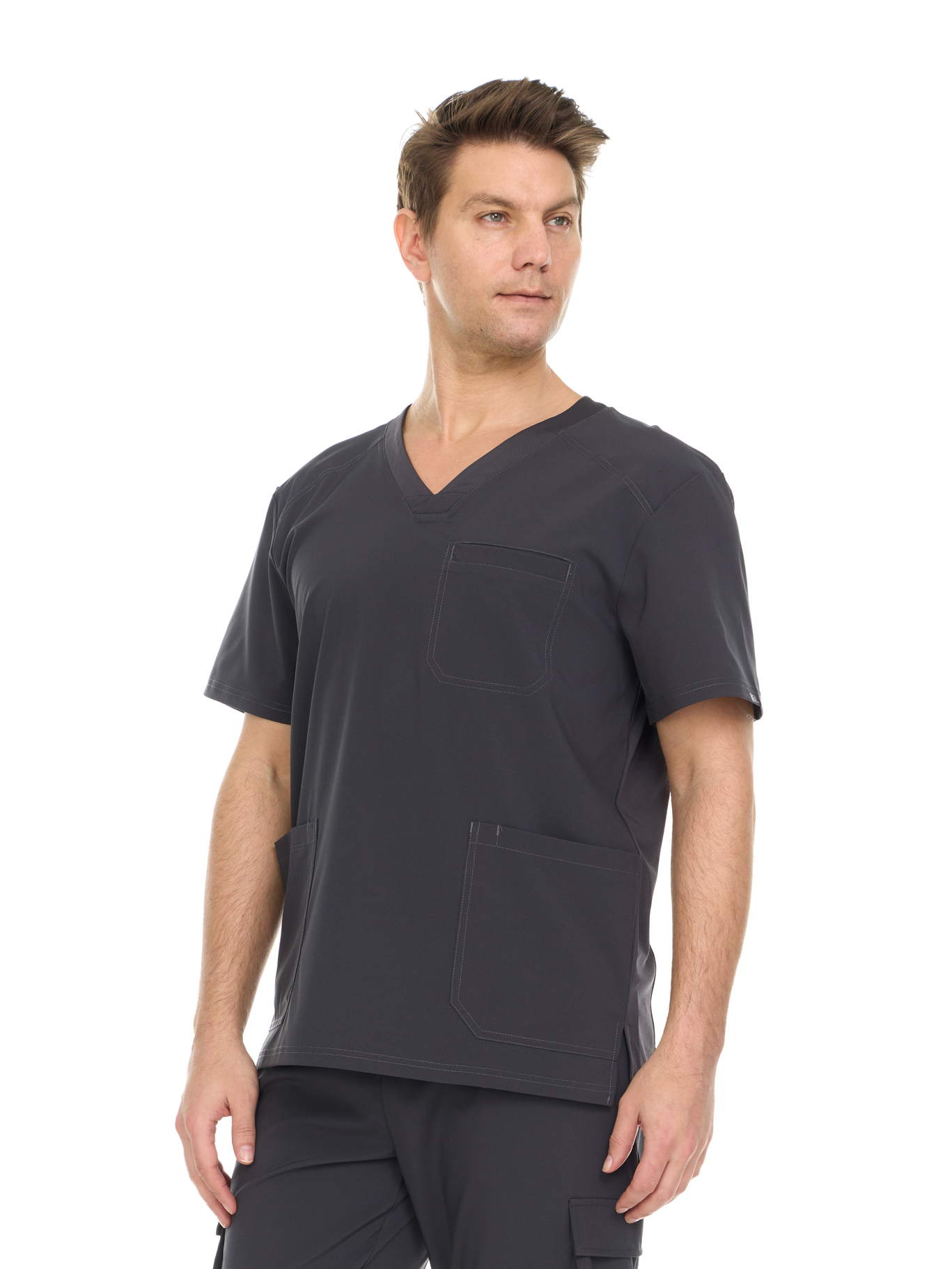 Men's Solid Color Scrub Top V-Neck Short Sleeve Shirt with Chest Pocket and Two Large Lower Pockets, Durable Polyester Blend