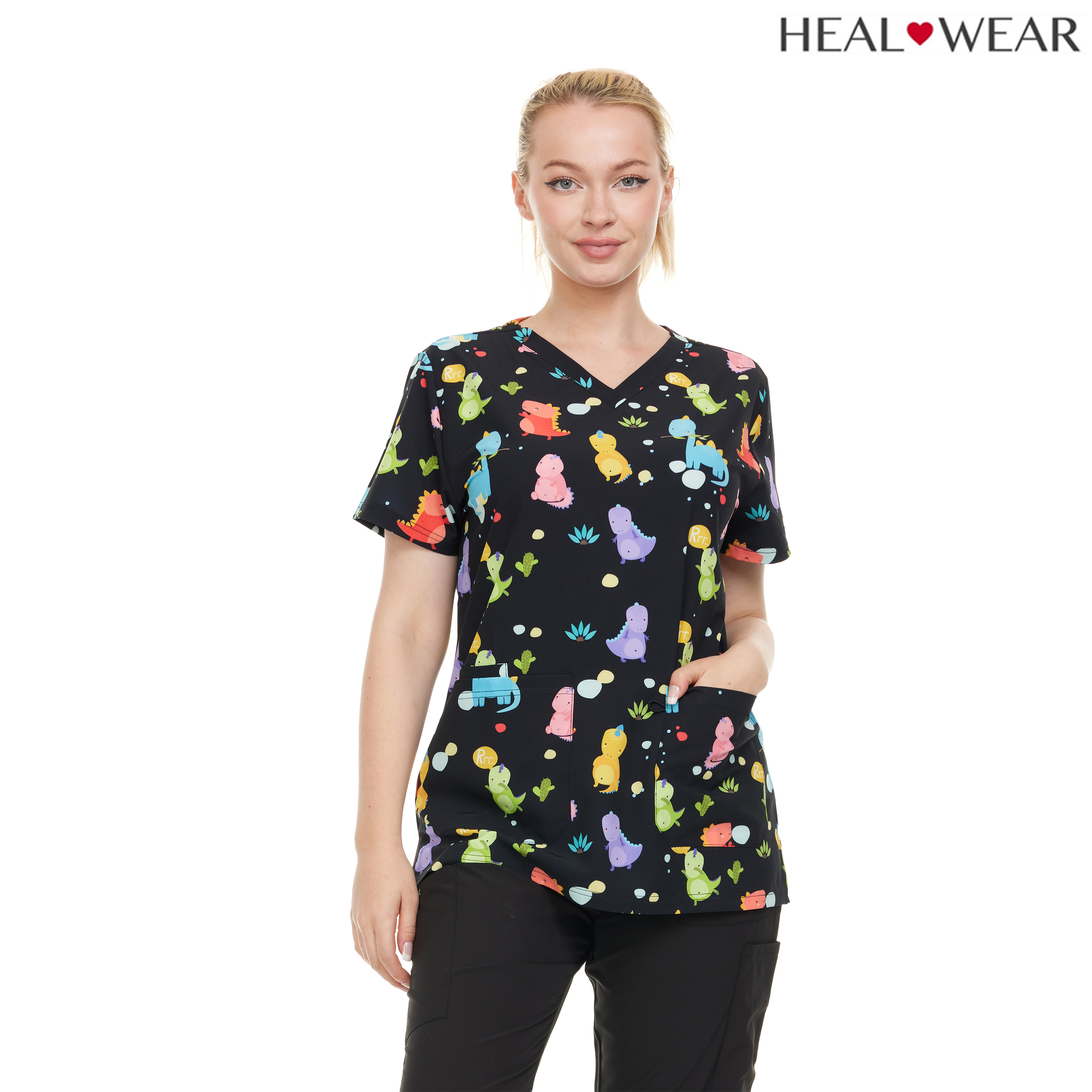 HEAL+WEAR Women's Printed V-Neck Scrub Top – 4-Way Stretch - Multi-Pocket, Soft Stretch Fabric – Fun Dinosaur Pattern | Clinical Scrubs | Nurse Beauty Salon Workwear | Spa Doctor Nursing Clinical Suit DDPT029